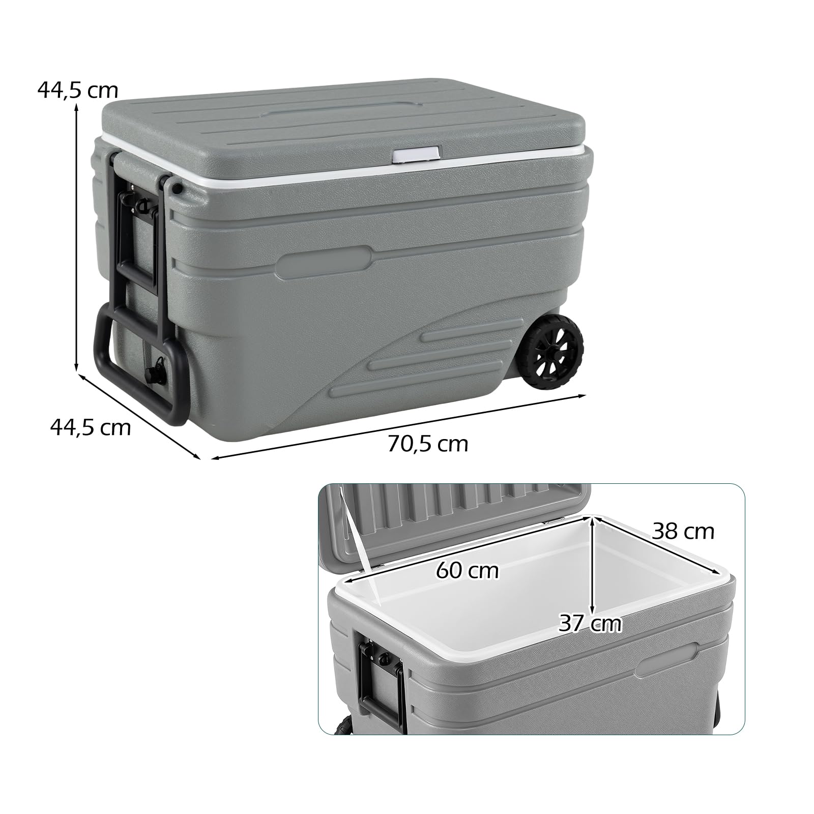 LIFEZEAL Nevera Portátil 80L/98L con Ruedas y Mango Telescópico | Hielera Rígida con Asas Laterales, 48h de Retención de Frío, para Playa Camping Pesca Picnic Barbacoa, Gris
