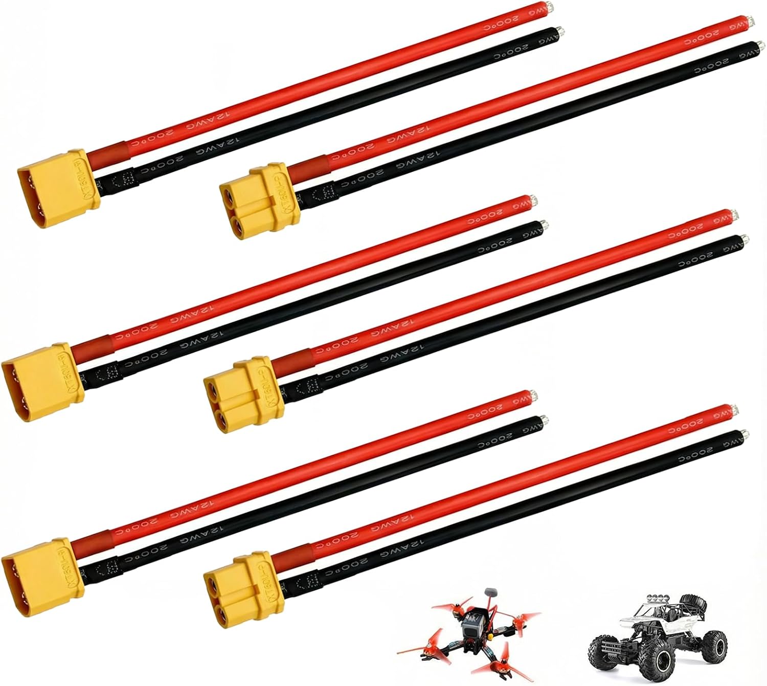 6 Pcs XT60 Connector Plug Cable with Plug and Socket Pigtail Leads, XT 60 Connector Adapter with 12AWG 100 mm Ultra‑Flexible Silicone Wire, Suitable for RC LiPo Battery Drone, Car, Boat