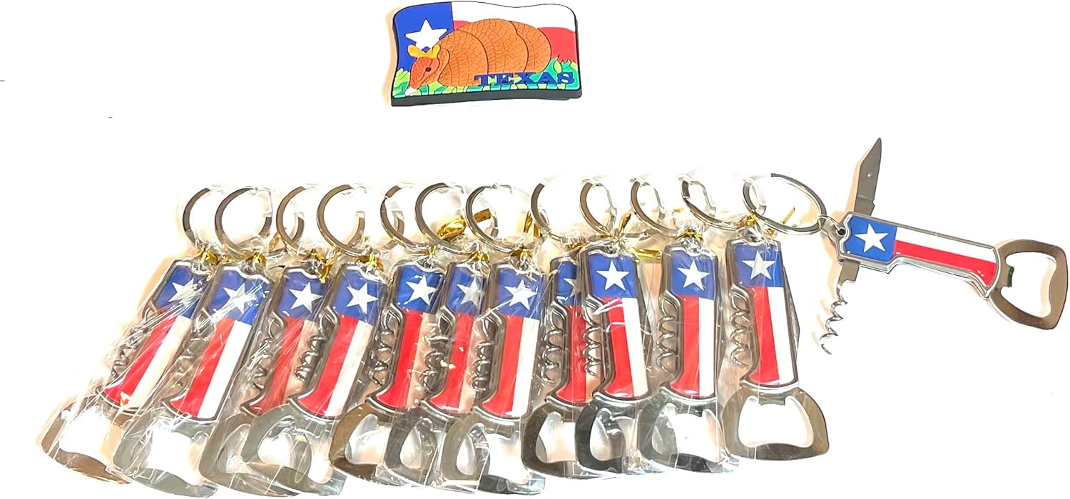 Texas Flag Design Bottle Opener Keychain 12 Pcs Value Pack With Armadillo Magnet 1 - Texas Souvenir Keychains (4 in one Keychain 66465)