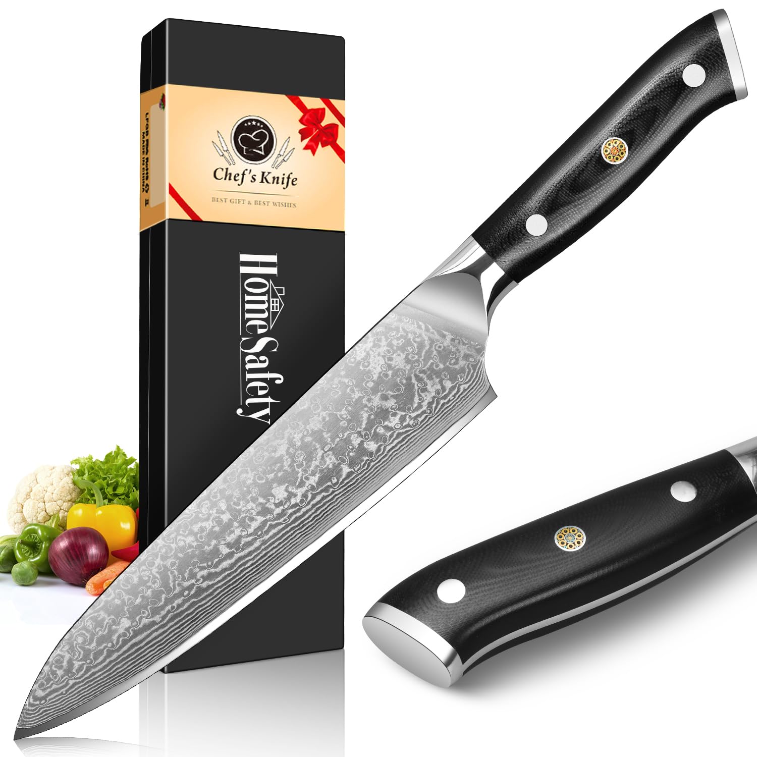Home Safety Cuchillo de chef de damasco, Japones profesional de Acero Damasco de 67 Capas, de 20cm, Mango de Material G10