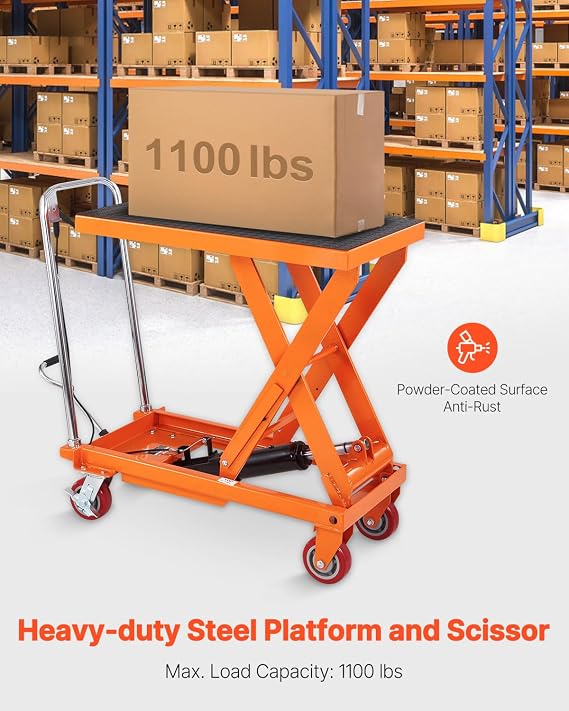 VEVOR 1100 LBS Hydraulic Lift Table Cart with 11-35.4 Lift Range, Hydraulic Scissor Cart with Non-Slip Pad & 4 Wheels, Manual Single Scissor Lift for Material Handling and Transportation