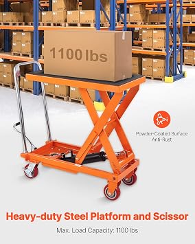 VEVOR 1100 LBS Hydraulic Lift Table Cart with 11-35.4 Lift Range, Hydraulic Scissor Cart with Non-Slip Pad & 4 Wheels, Manual Single Scissor Lift for Material Handling and Transportation