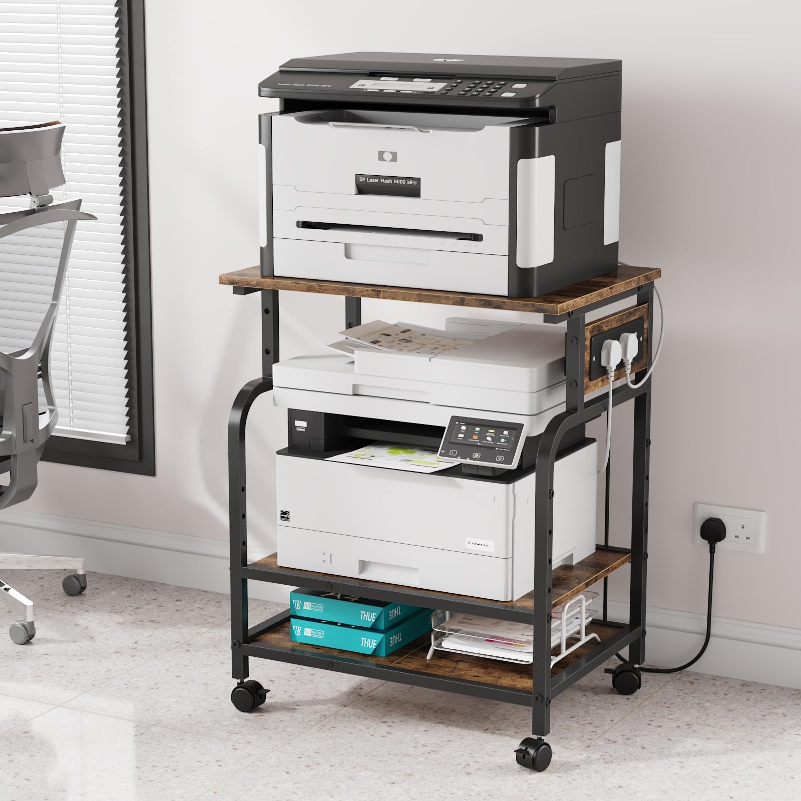 OYRREU 3-Tier Rolling Printer Stand with Outlets, Printer Table with Charging Station, Adjustable Storage Shelf Cart for Office, 3D Printers, Heat Press (Retro)