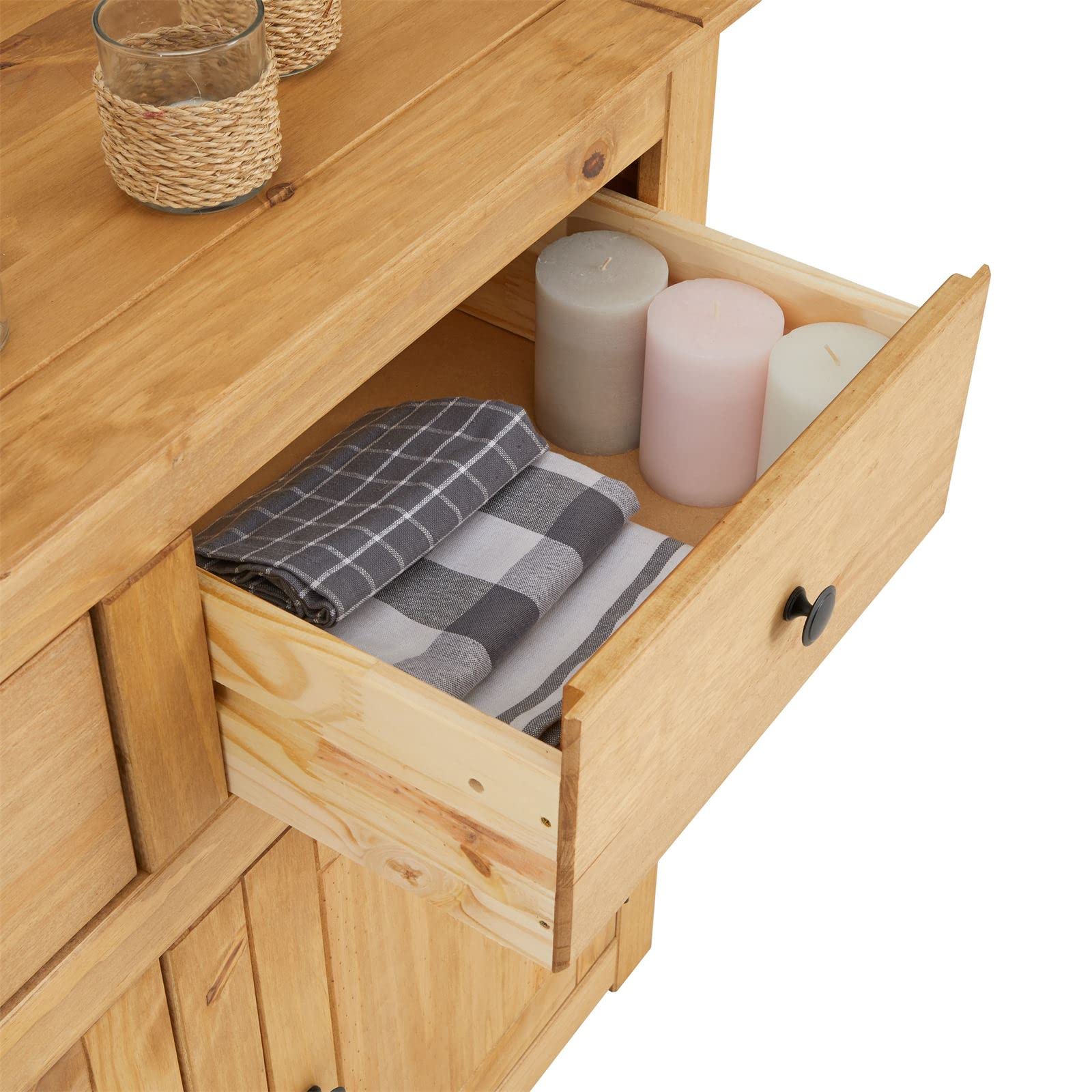 Buffet salle à manger CANCUN L 93 cm en bois massif finition laquée avec 2 portes et 2 tiroirs, meuble de rangement bas style maison de campagne bahut vaisselier commode pratique 93 x 80 x 40 cm