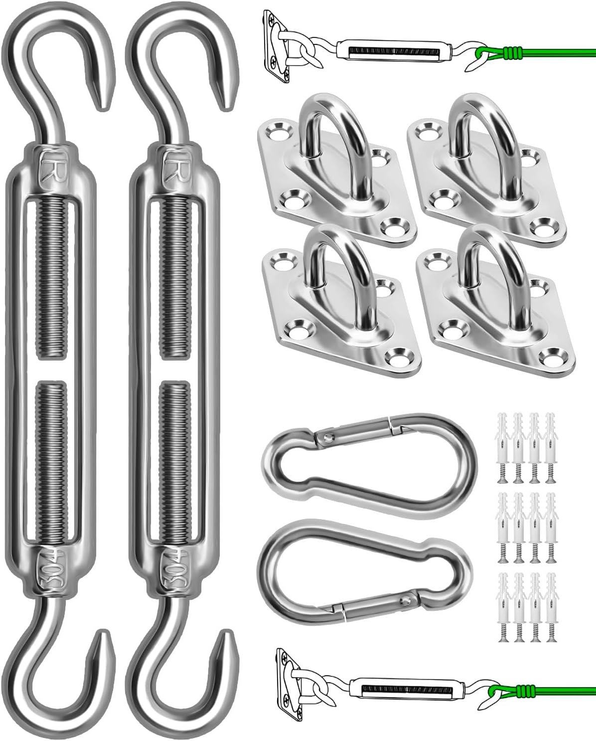 Morzejar Sun Shade Sail Hardware Kit, 304 Stainless Steel Sunshades Canopy Installation Kit for Garden Rectangle & Triangle Shade Sails, Heavy Duty Shade Sail Fixing Accessories, Awning Attachment Set
