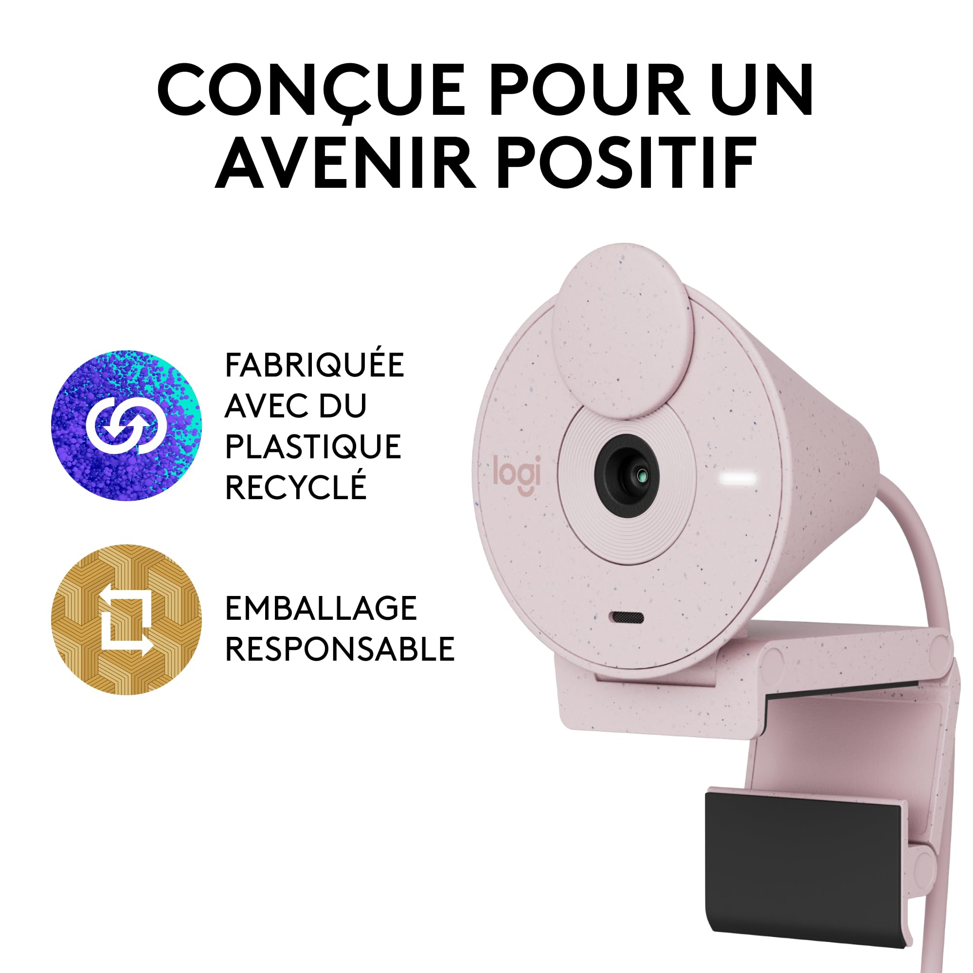 Logitech Brio 300 Webcam Full HD avec confidentialité, micro à réduction de bruit, USB-C, Certifié pour Zoom, Microsoft Teams, Google Meet, Correction automatique de l’éclairage - Rose