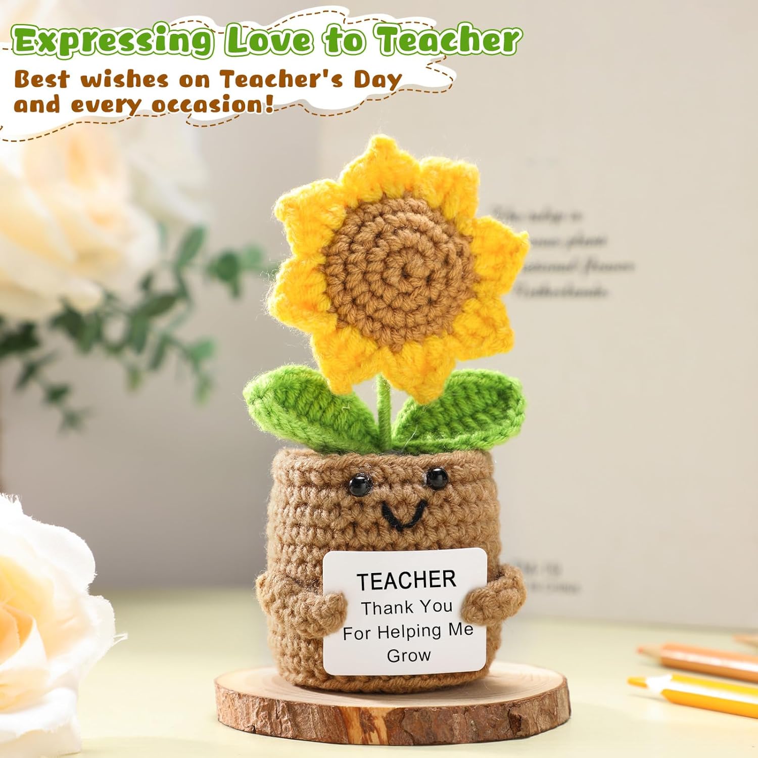 6Pcs Teacher Appreciation Gift Support Sunflower Crochet Mini Emotional Positive Gifts Inspirational Thank You for Helping Me Motivational Present for Women Men Classroom Office Decor from Student