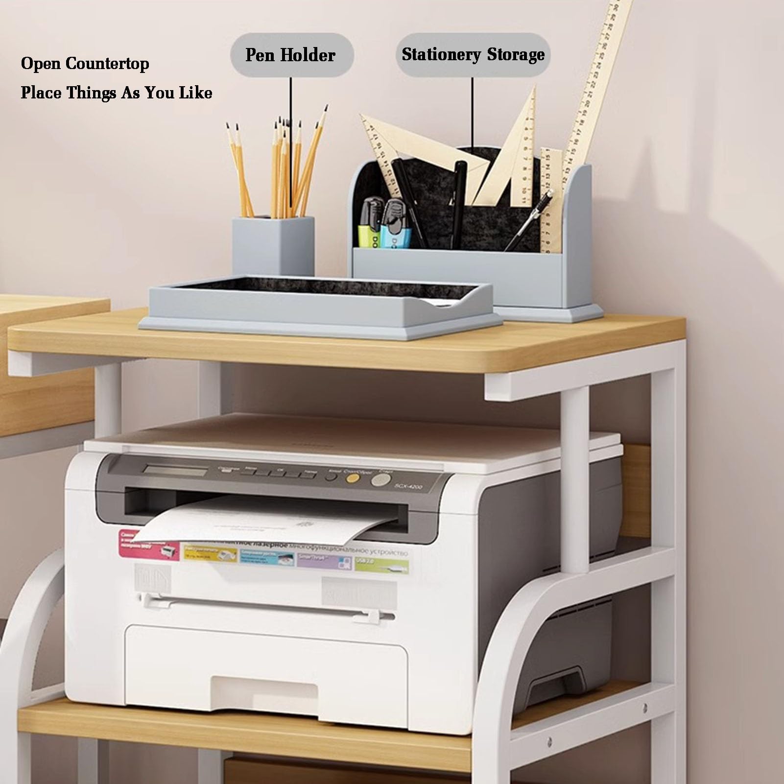 Druckerständer, 4-stufiges bodenstehendes Lagerregal, Home-Office-Schreibtisch-Organizer, Lagerregale mit Holztrennwänden for den Schreibtisch im Home-Office(White)