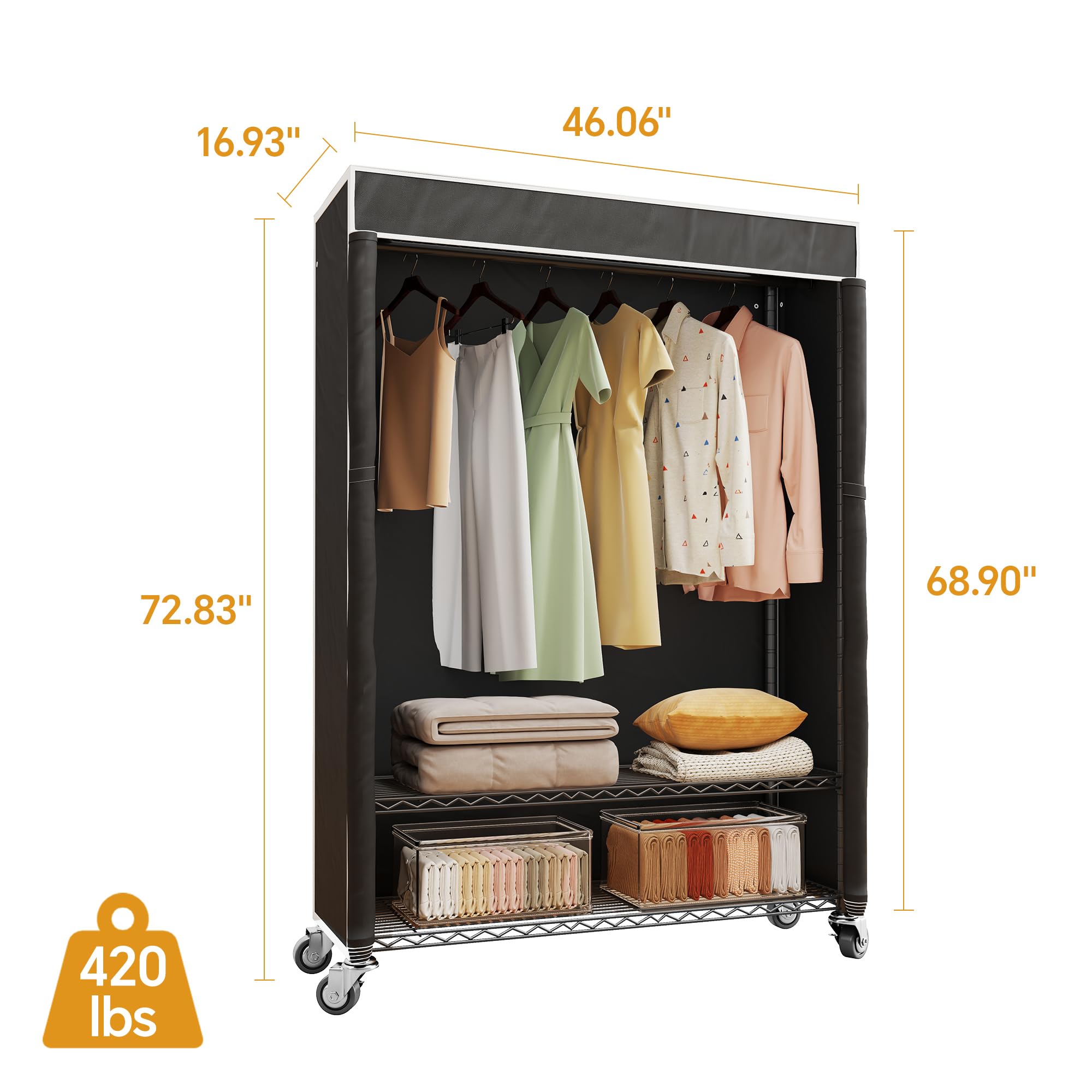 EnHomee 79" H Heavy Duty Clothes Rack With Cover Loads 450LBS Portable Closet Wardrobe Rolling Garment Rack With Adjustable Wire Shelves White - View #11