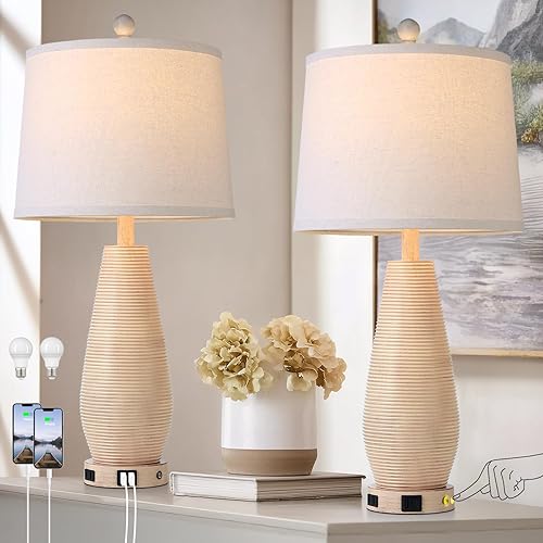 Miniatura 9 de Juego de 2 lámparas de mesa de granja con puertos USB C+A y salida de CA, lámparas de noche rústicas táctiles de 3 vías para sala de estar, lámparas