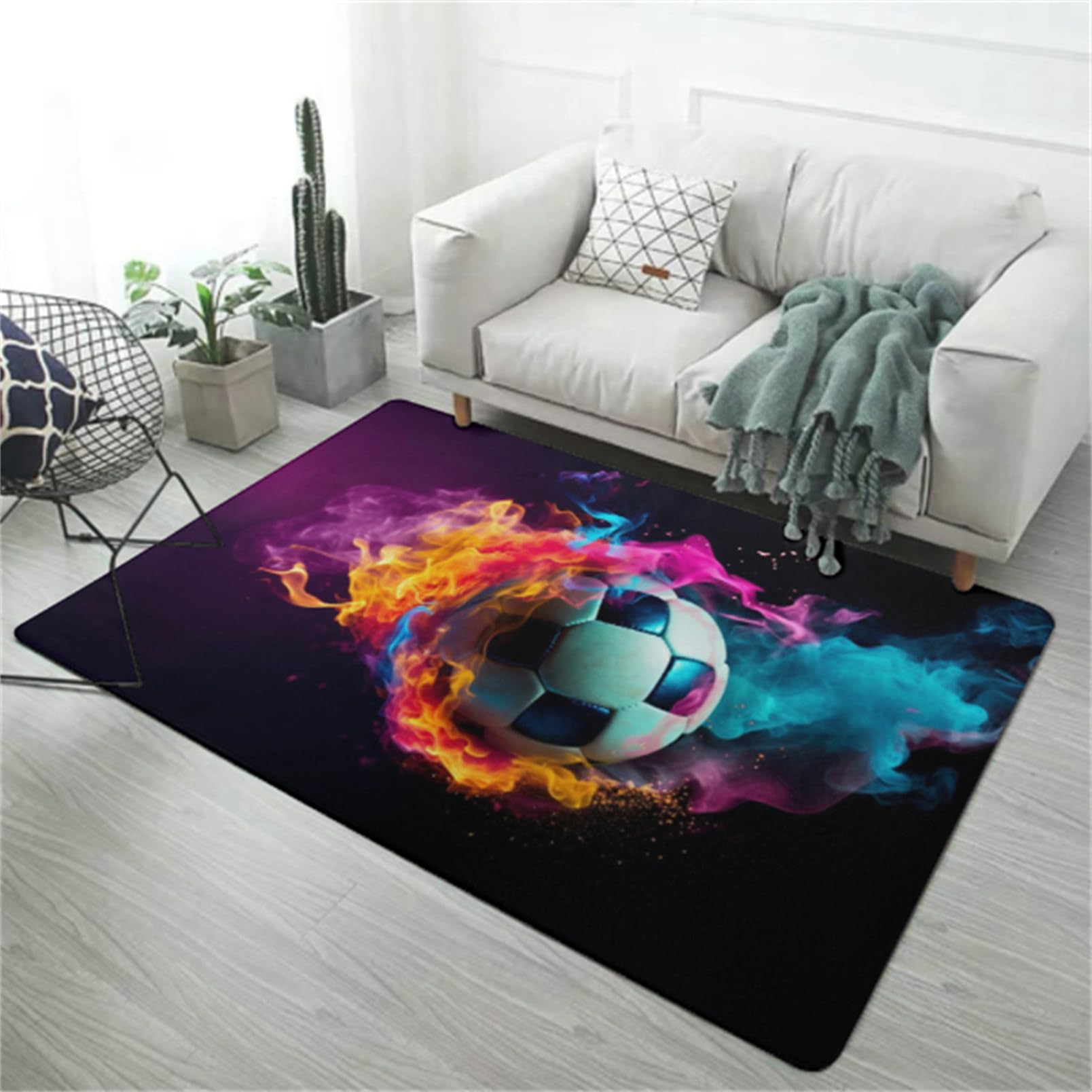 Alfombra Infantil Acuarela Fútbol Lightning Doodle Alfombras de Habitación para Niños, Alfombra de Salón Negro Gris Azul Alfombra de Juego Alfombra de Cocina, Baño Felpudo (Color 3,140x180 cm)