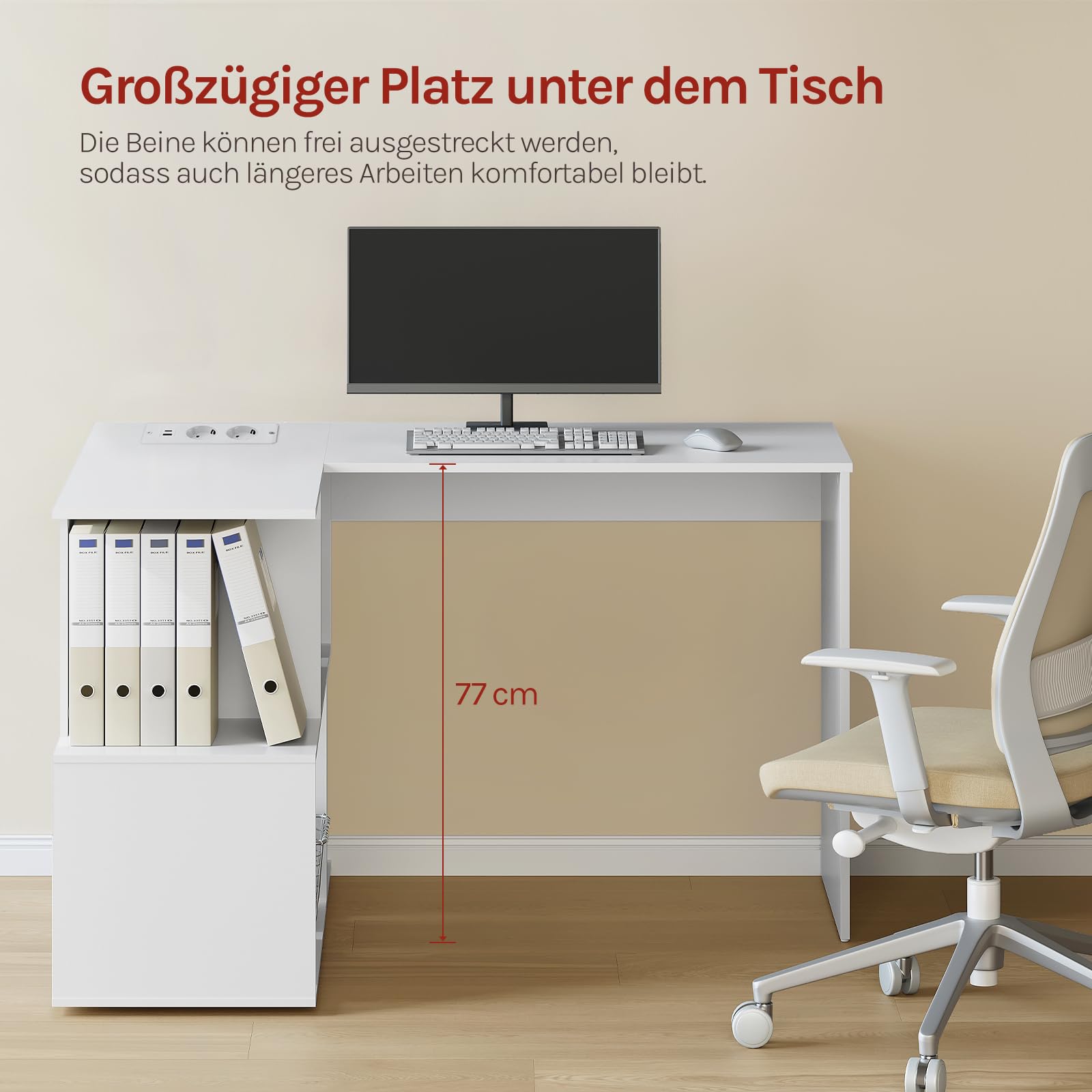 WOLTU Eckschreibtisch mit Regal, Schreibtisch L Form aus Holz, mit 2 Steckdosen, 120x100x75 cm, für Büro Schlafzimmer Arbeitszimmer, Weiß