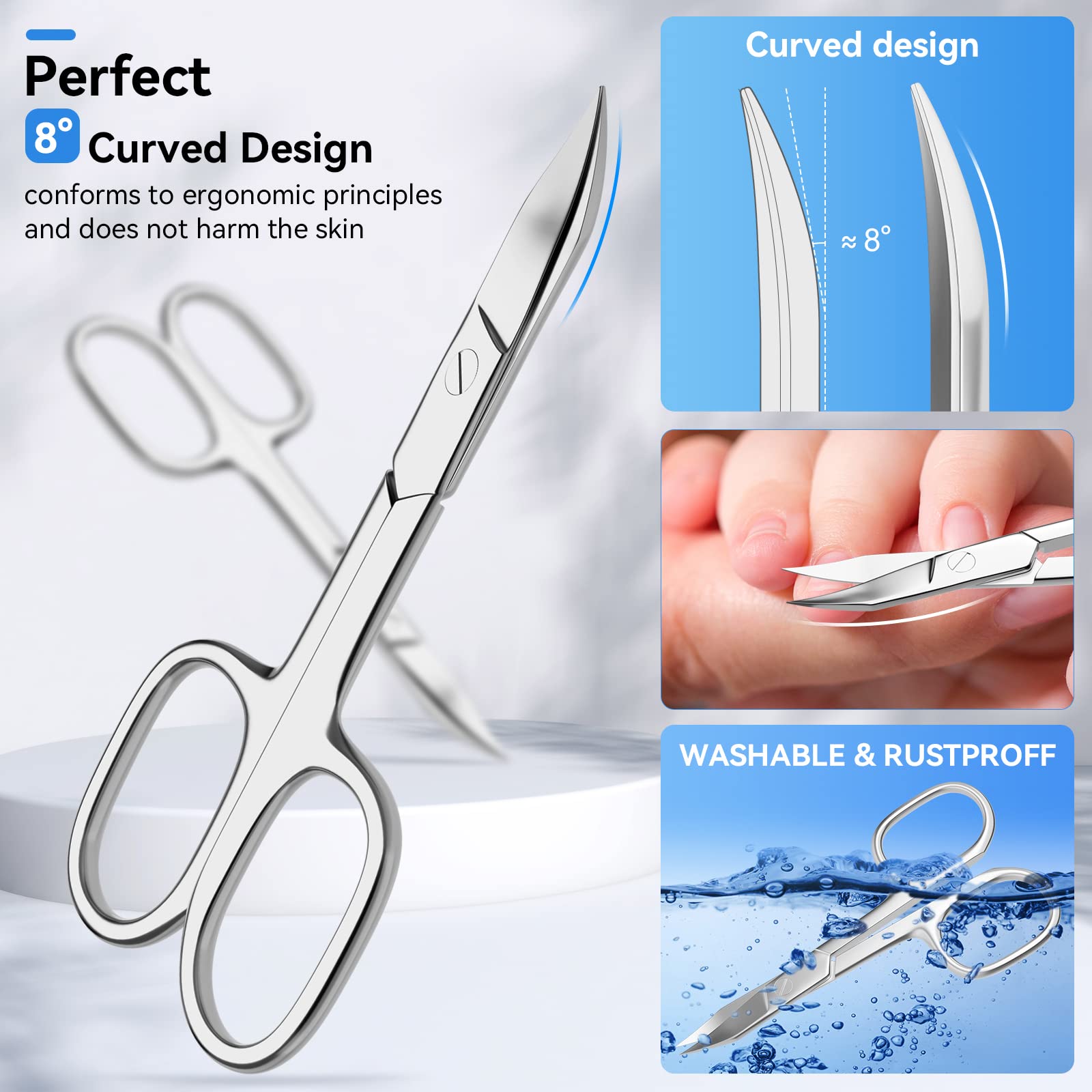INXEN Ciseaux Ongles Professionnel Lame Incurvé en Acier Inoxydable,Ciseaux à Ongles Manucure Beaute Toilettage,Coupe Cuticules/Cils/Sourcil/Barbe Disponible Homme Femme BUT02NAL11C15 Argent