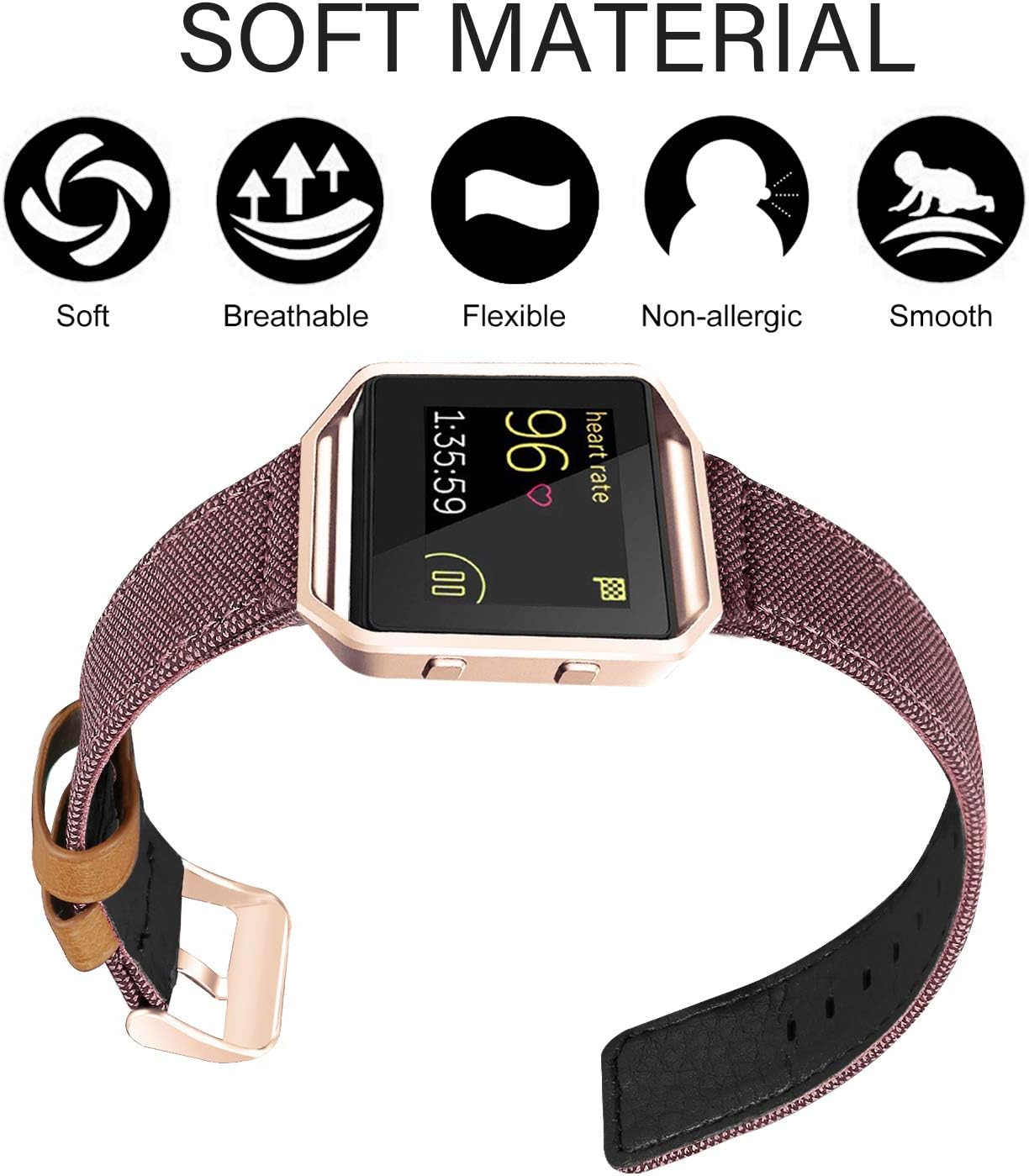 Jobese Compatible with Fitbit Blaze Bands, Soft Classic Canvas Fabric Straps with Genuine Leather Bands with Silver Metal Frame Compatible with Fitbit Blaze Bands Men Women