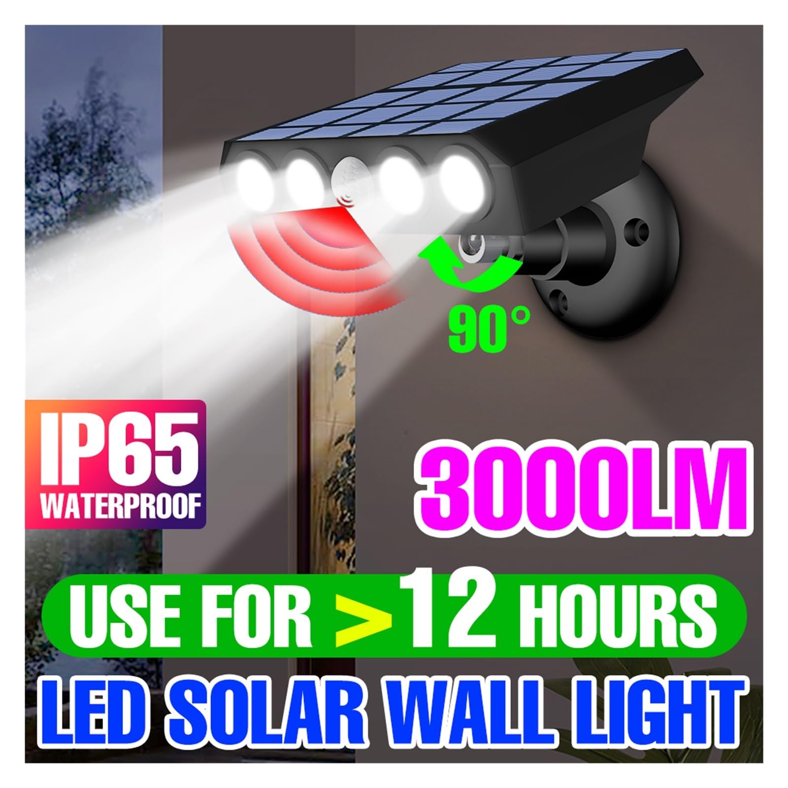 Solar Wandleuchte 30W, Bewegungsmelder mit 3 Modi, IP65 Wasserdicht, Reflektor für Garten & Terrasse, Kabellos, Kaltweiß, Einfache Montage, Langlebig