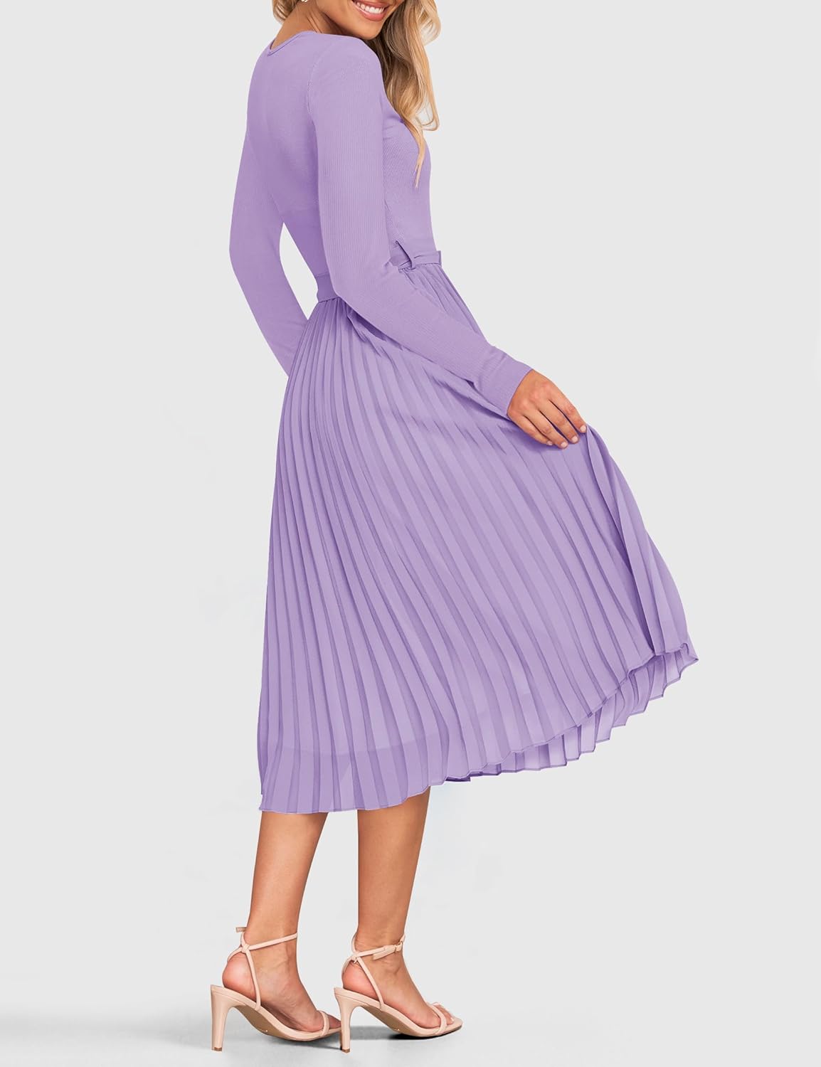 ZESICA Women's Fall Long Sleeve Midi Dress 2025 Casual Crewneck Knit Belted Pleated A Line Flowy Party Dresses - Image 4