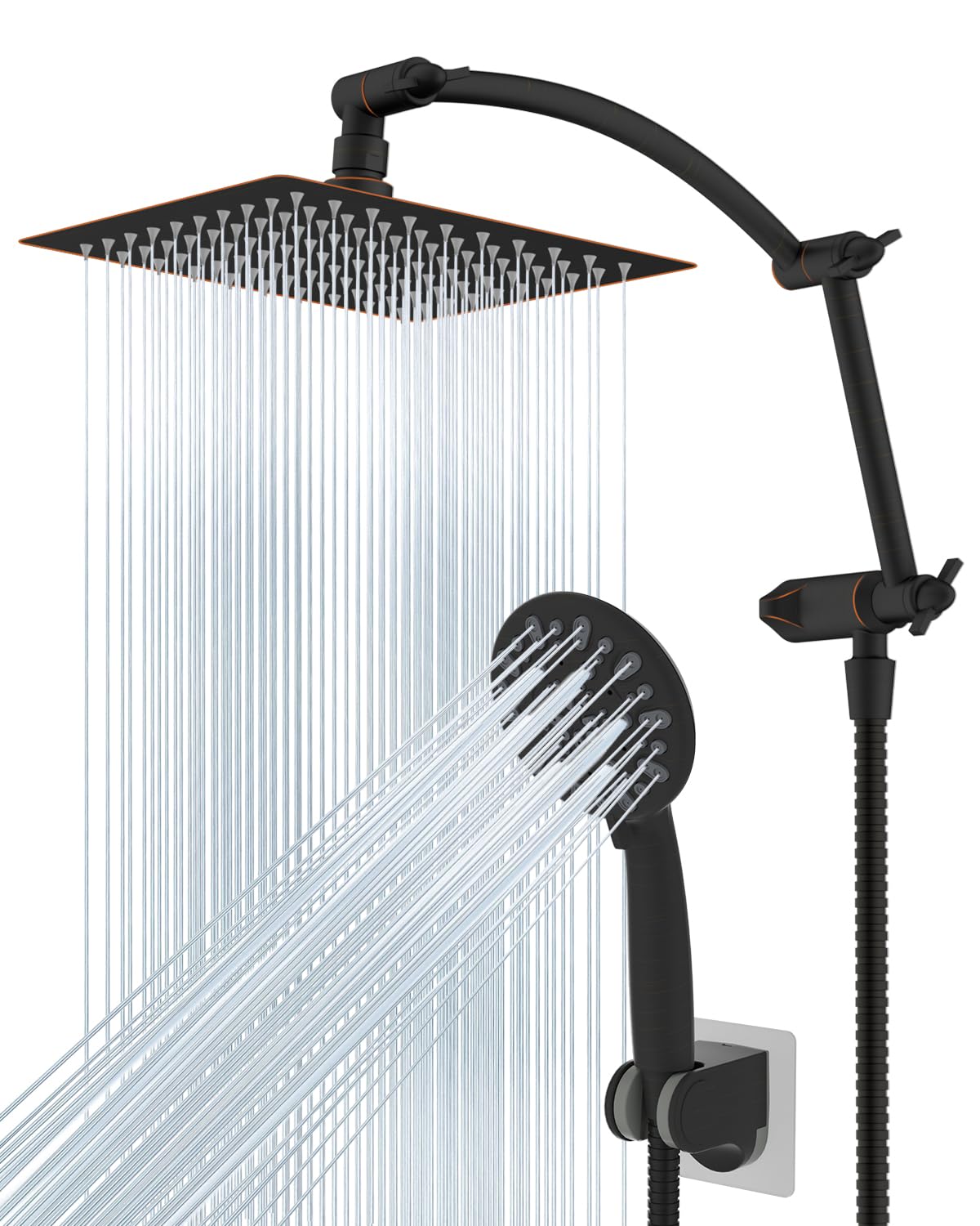 hibbent all metal shower head, 8'' high pressure rain shower head/handheld showerhead combo with 16'' adjustable arc shower extension arm, 7-spray, 71'' hose showerhead holder, oil rubbed bronze