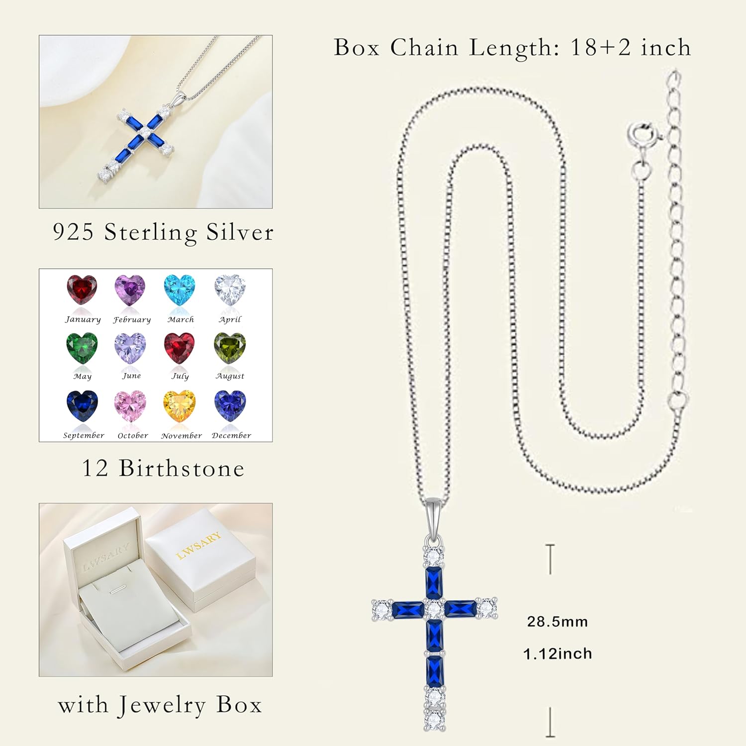 Birthstone Cross Necklace 925 Sterling Silver Crucifix Christian Religious Pendant Rectangular Square Cut Cubic Zirconia Jewelry for Women - Image 6