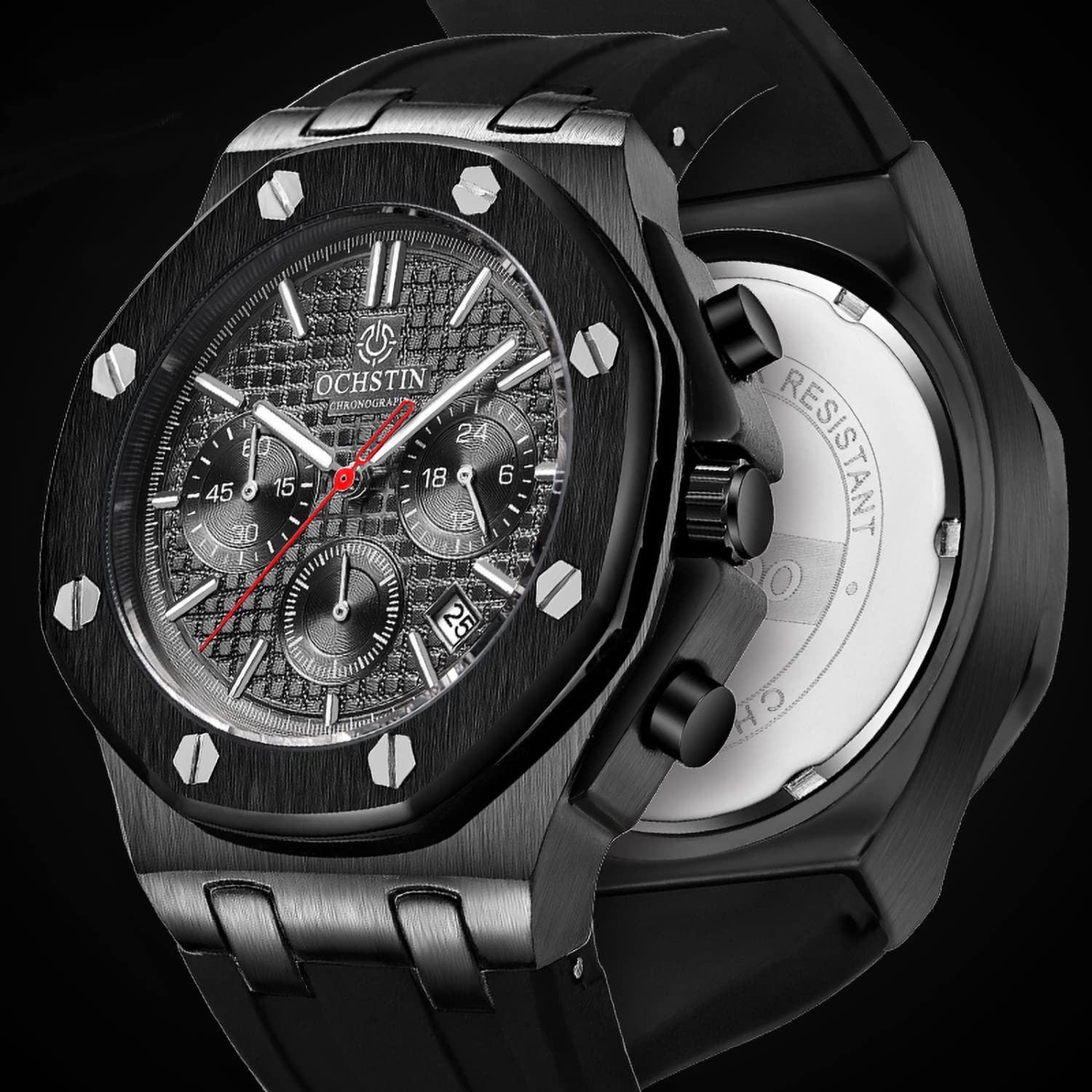 TEINTOP Ochstin Precision Chronograph męski zegarek biznesowy męski ośmiokątne zegarki, Silikon czarny, Gotycki