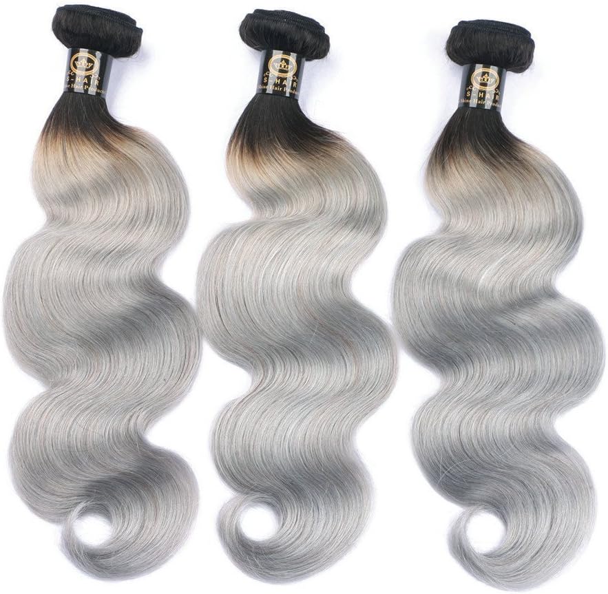 100% Human Hair Extensions Ombre 1B Grey Dark Root Body Wave Brazilian Hair Weave Bundles Silver Gray 100gram (14inch, 1B/Grey)