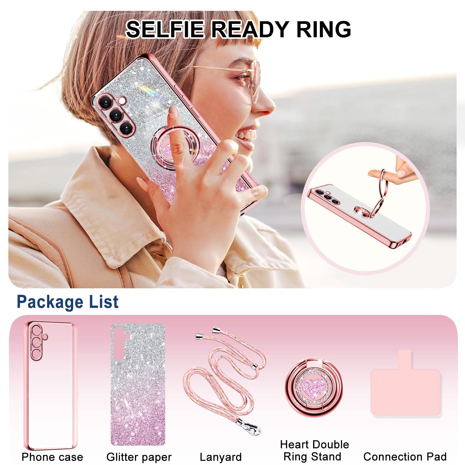 Tawarror Błyszczące etui ze sznurkiem do Samsung Galaxy A56 5G, Galvanisée silikonowe etui z sercem miłości, podwójny uchwyt na pierścień i regulowany naszyjnik pasek na szyję, różowe złoto
