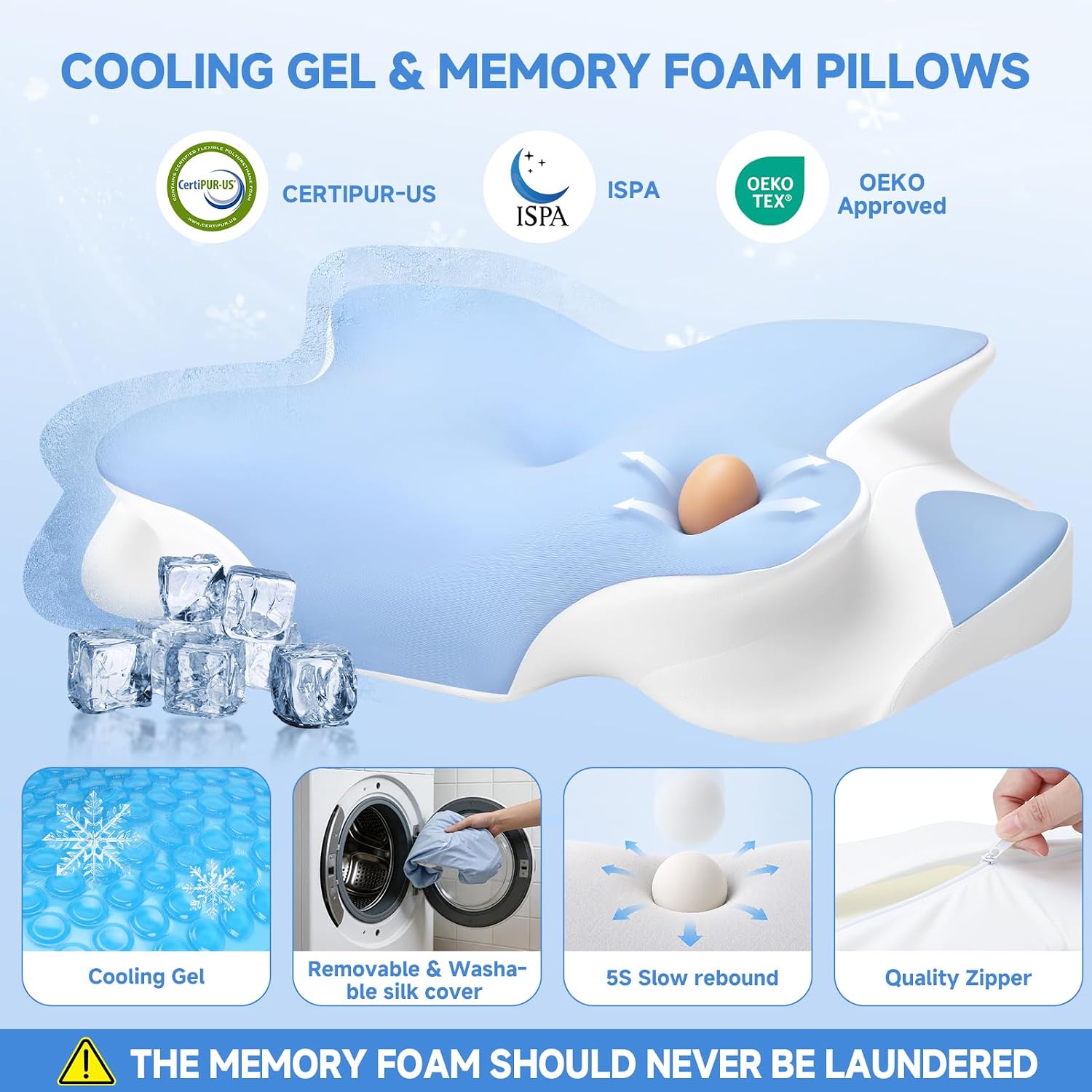2026 New Cooling Memory Foam Pillow with Ice Silk Cover, Ergonomic Cervical Neck Support Pillow for Pain Relief, Nature Cooling Gel Pillow for Hot Sleepers Night Sweats, Side Sleeper Pillow (Blue)