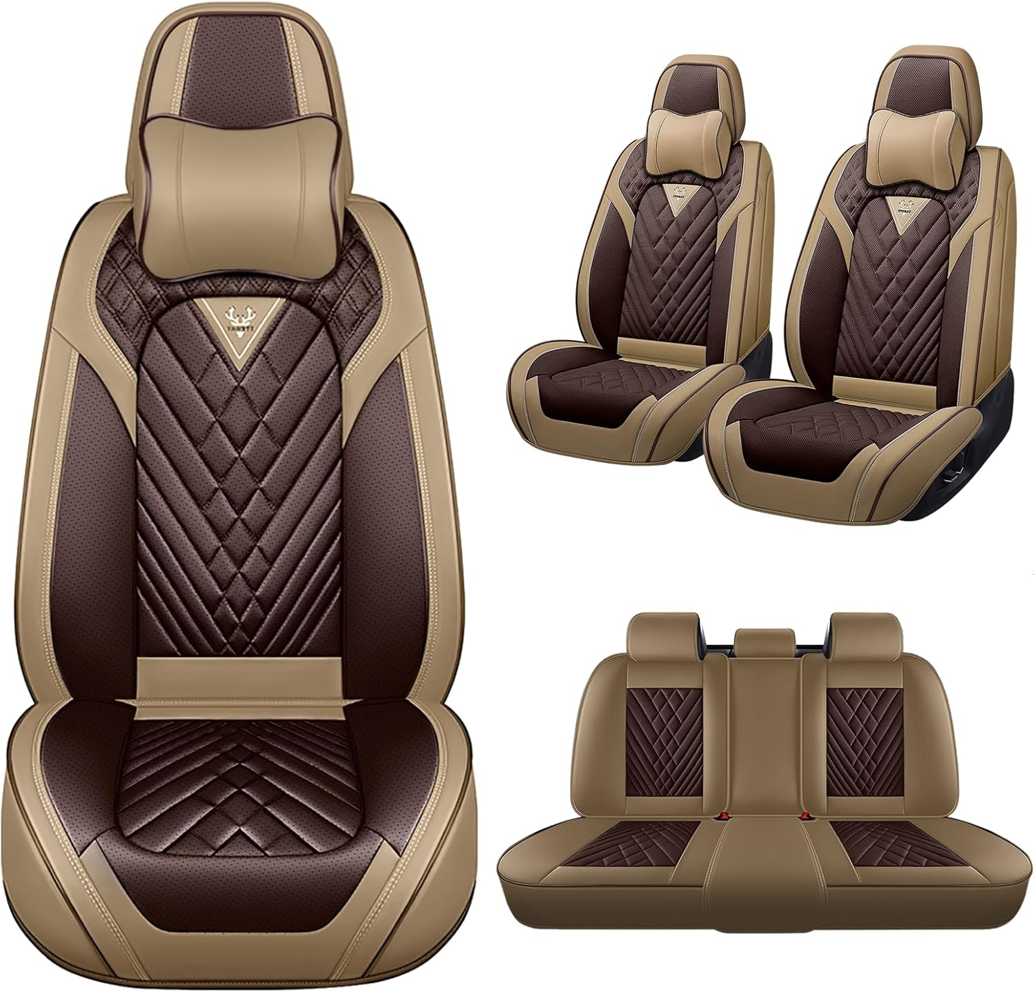 Car Seat Covers Fit for KIA Rio 2003-2025,5 Seats Non-Slip Nappa Leather Seat Cover, Airbag Compatible, Sports Car Seat Protector Premium Interior.(Luxury 5 Seats with Pillows,Beige Coffee)