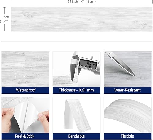 Miniatura 5 de FunStick Tablones de vinilo de madera blanca de 6 x 36 pulgadas para despegar y pegar, azulejos adhesivos impermeables para suelo, dormitorio, baño