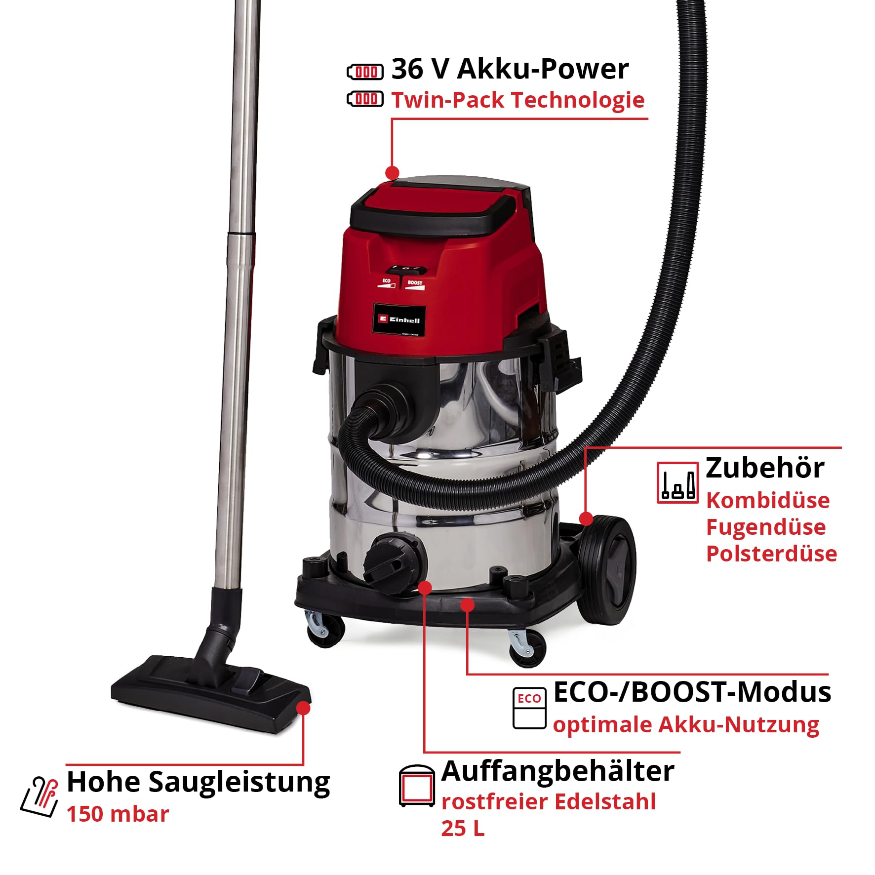 Einhell Akku-Nass-Trockensauger TE-VC 36/25 Li S-Solo Power X-Change (Li-Ion, 36 V, ECO/Boost-Mode, 150 mbar Saugleistung, Edelstahlbehälter 25l, ohne Akku und Ladegerät), Black/Red