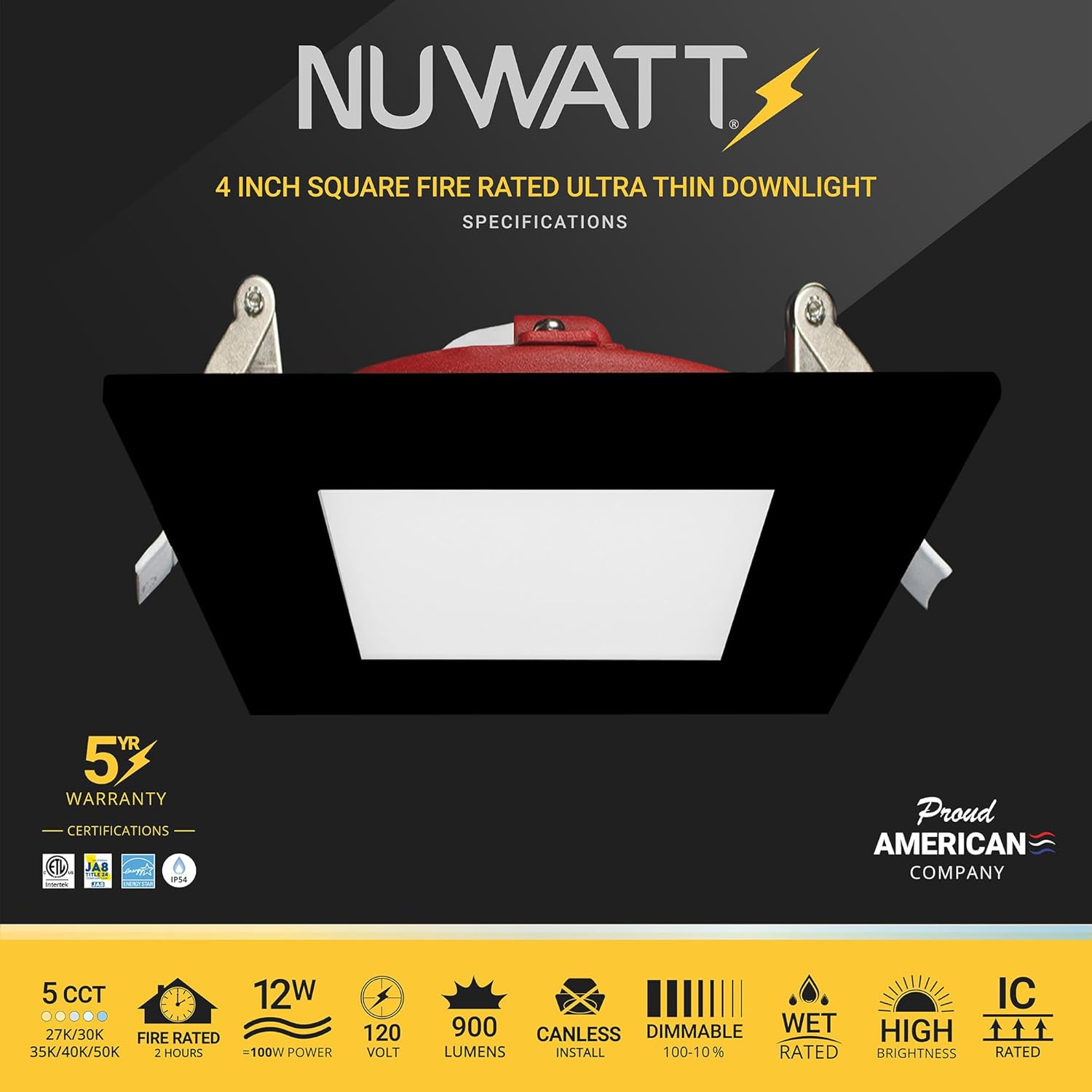 NUWATT LED 4" Fire Rated Recessed Lighting, Square 4 Inch Wafer LED Lights, 5CCT 2700K/3000K/3500K/4000K/5000K, 12W, Dimmable 900LM, Wet & IC Rated, 90CRI Black Recessed Light, No Cone Needed, 6 Pack