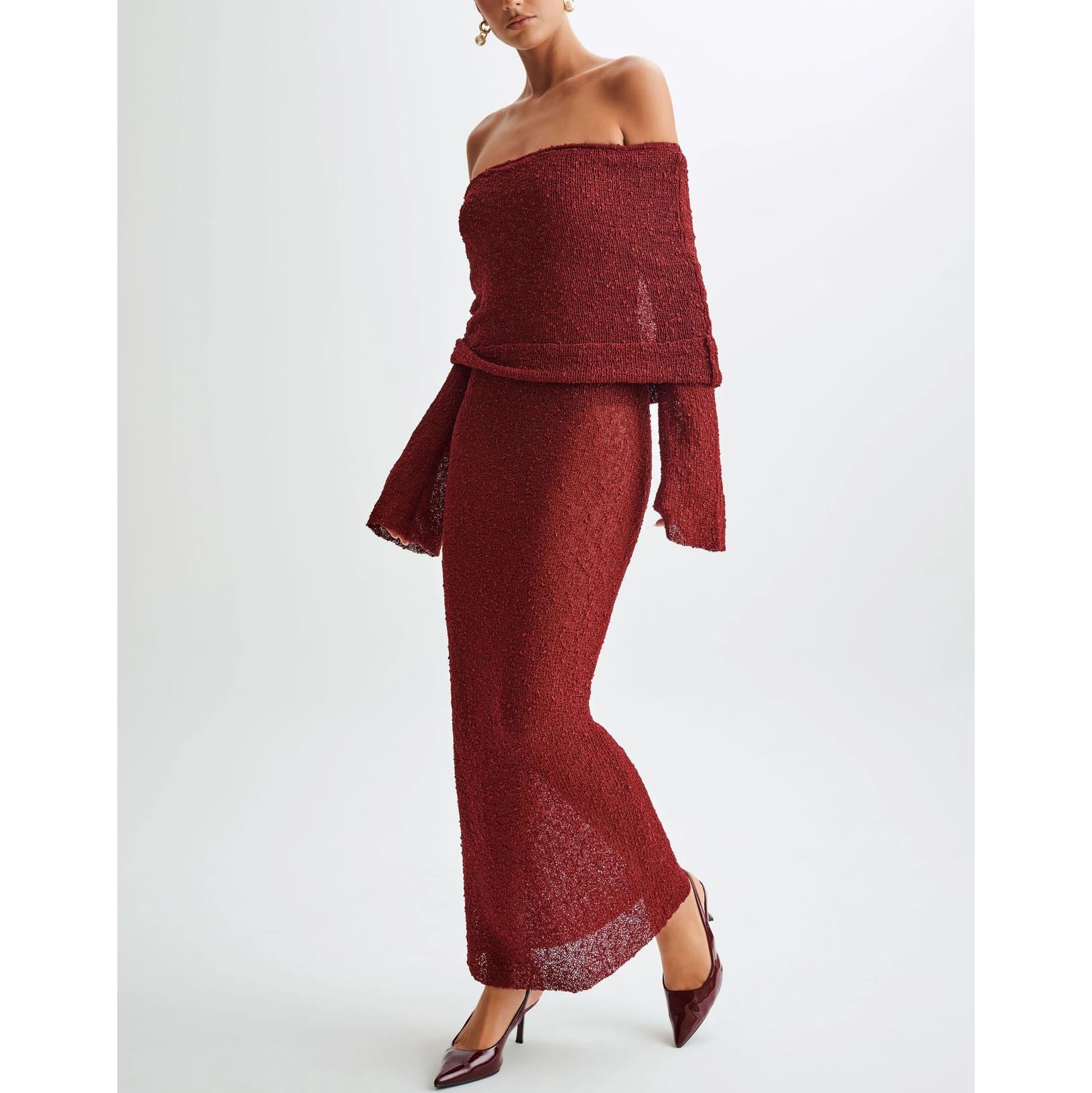 Donne Fuori della Spalla a Maglia Svasato Manica Bodycon Spiaggia Casual Coprire su Abiti,Rosso,S