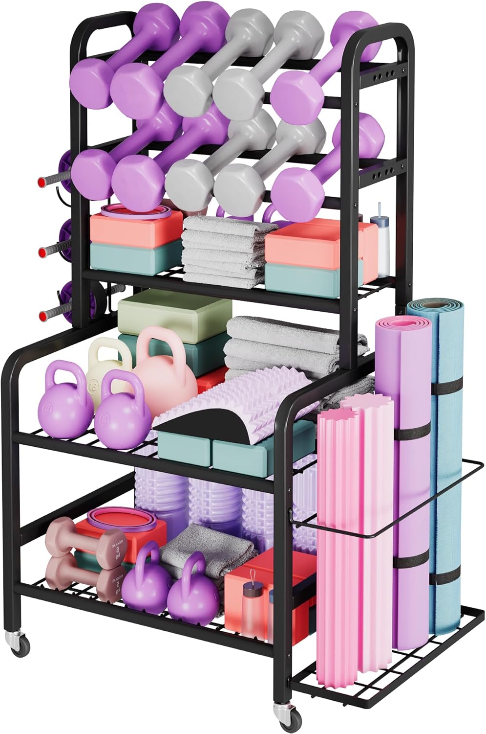 Homeiju Dumbbell Rack, 4 Tier Weight Rack for Home Gym, Yoga Mat Storage Holder with Lockable Wheels, Dumbbell Stand with Hooks, All in One Work out Equipment Storage for Yoga Mat Dumbbell and Balls
