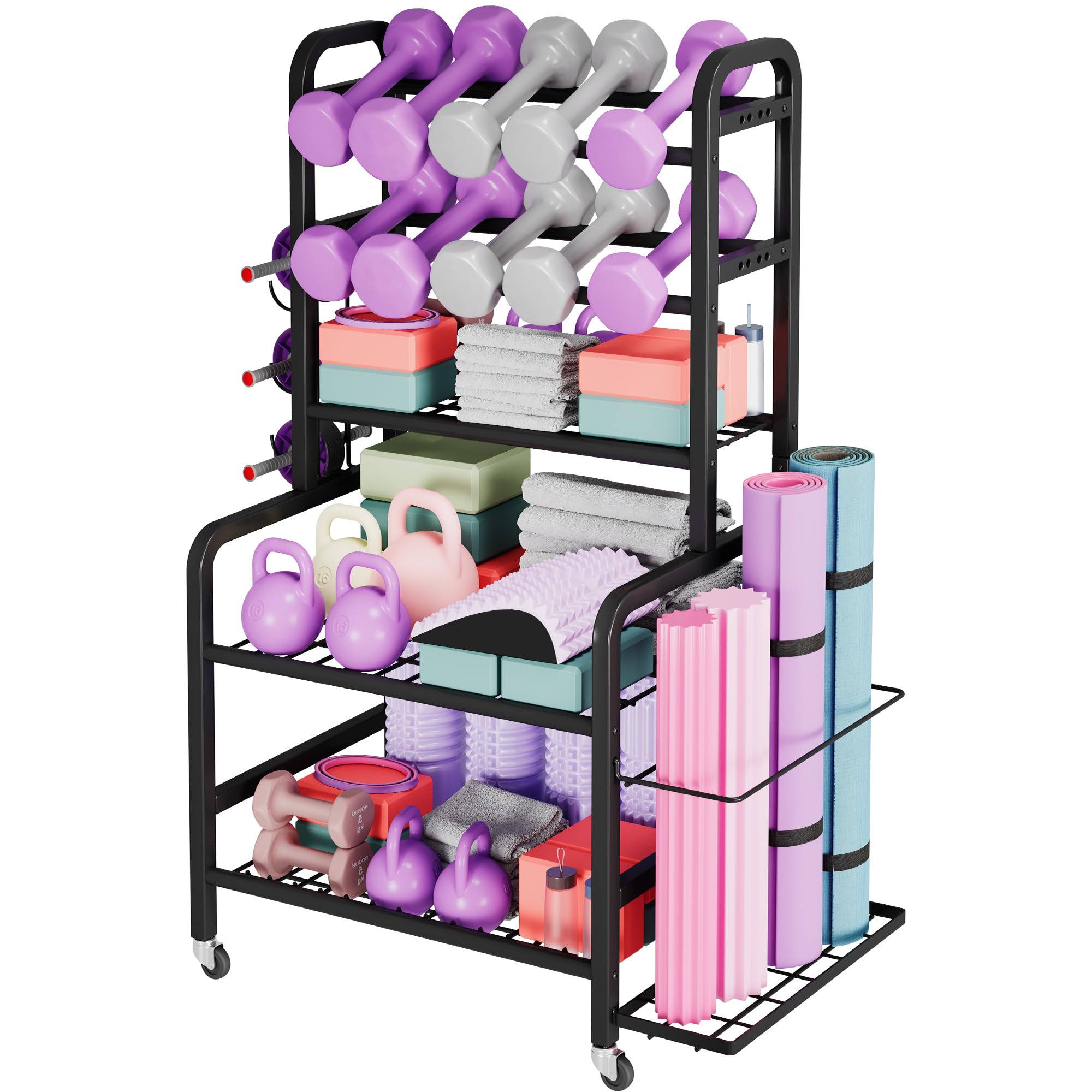 Homeiju Dumbbell Rack, Weight Rack for Home Gym, Yoga Mat Storage Holder with Lockable Wheels, Dumbbell Stand with Hooks, All in One Work out
