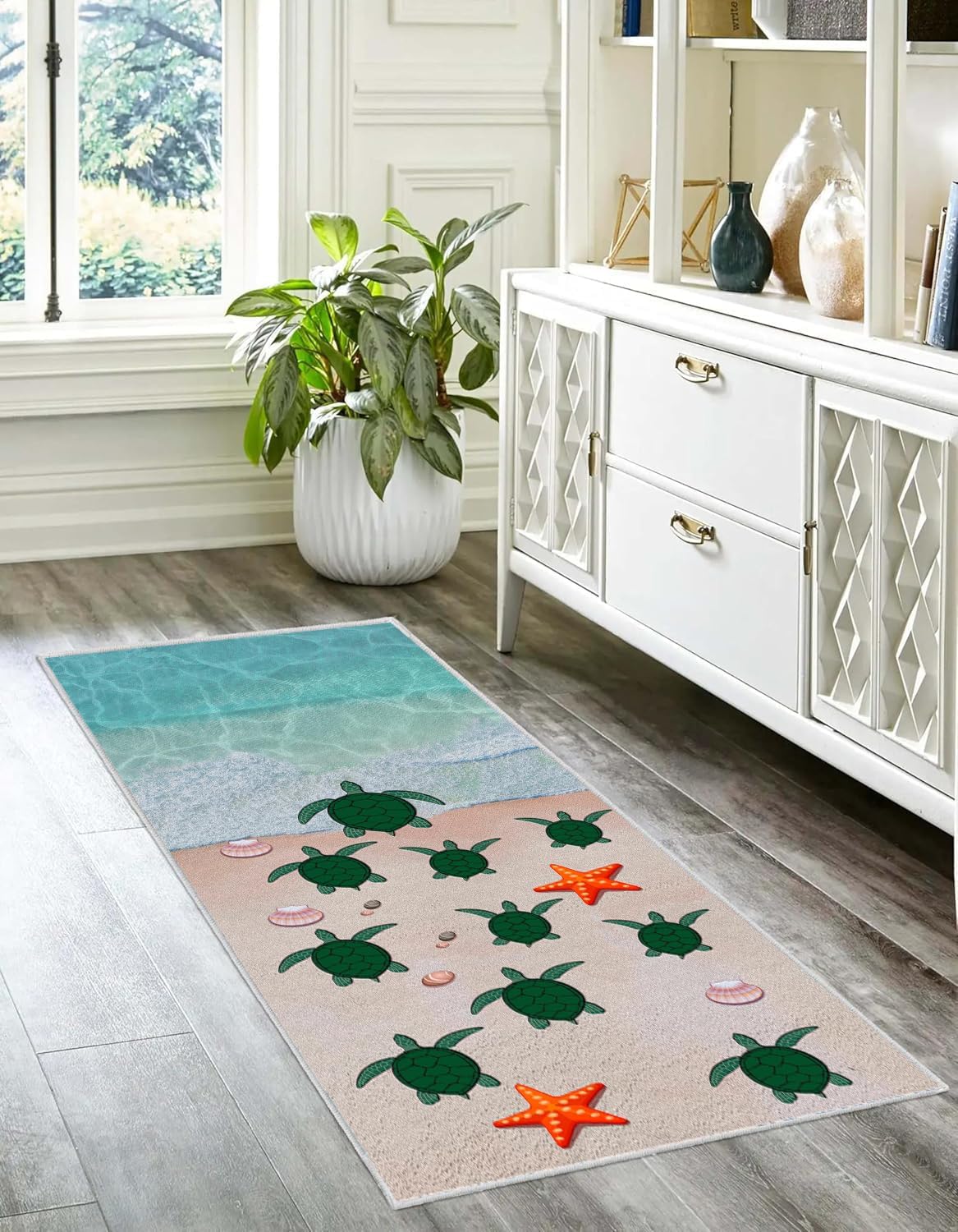 Cartoon Ocean Area Rug, 2x10ft Turtle Runner Rug, Kids-Friendly Washable Non-Slip Carpets, Green Turtle Starfish Seashell Design, Coastal Carpet for Kids Playroom Bedroom Kitchen Mat