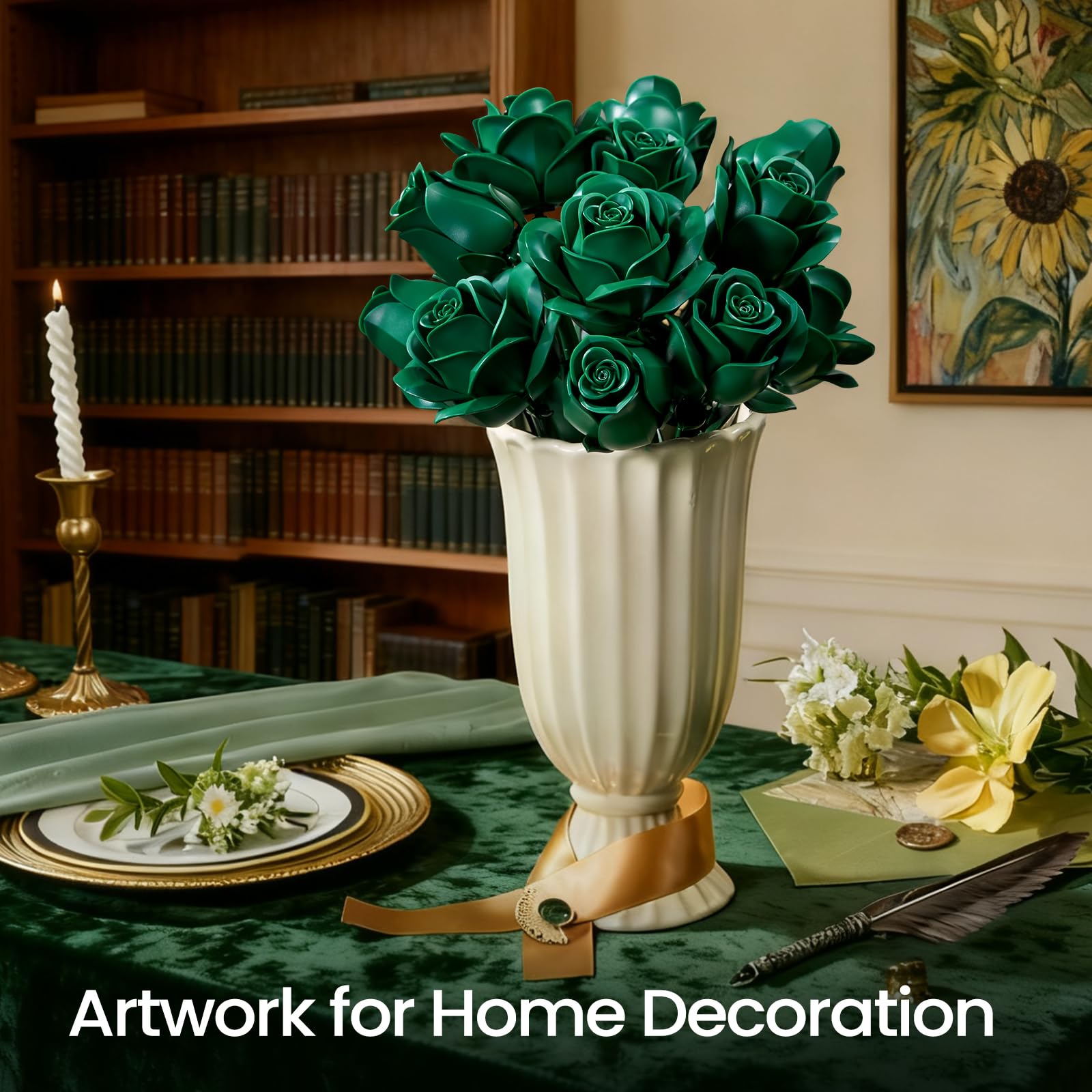 iATOM Burgundy Red Rose Bouquet Building Set, 12Pcs Flower Botanical Collection Kit for Adult, for Her/Girlfriend/Mom/Wife/Couple, Vintage Home Office Table Centerpiece Decor: Green Rose Bouquet