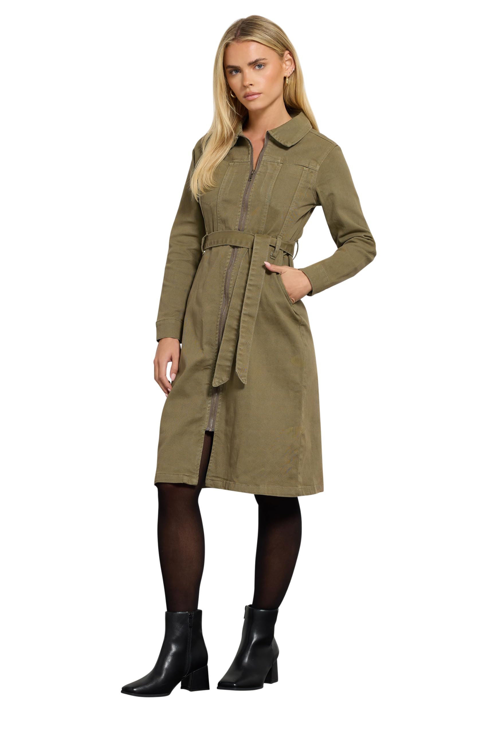 Women's Green M&Co Petites M&Co Petite Khaki Zip Denim Midi Dress Size 14
