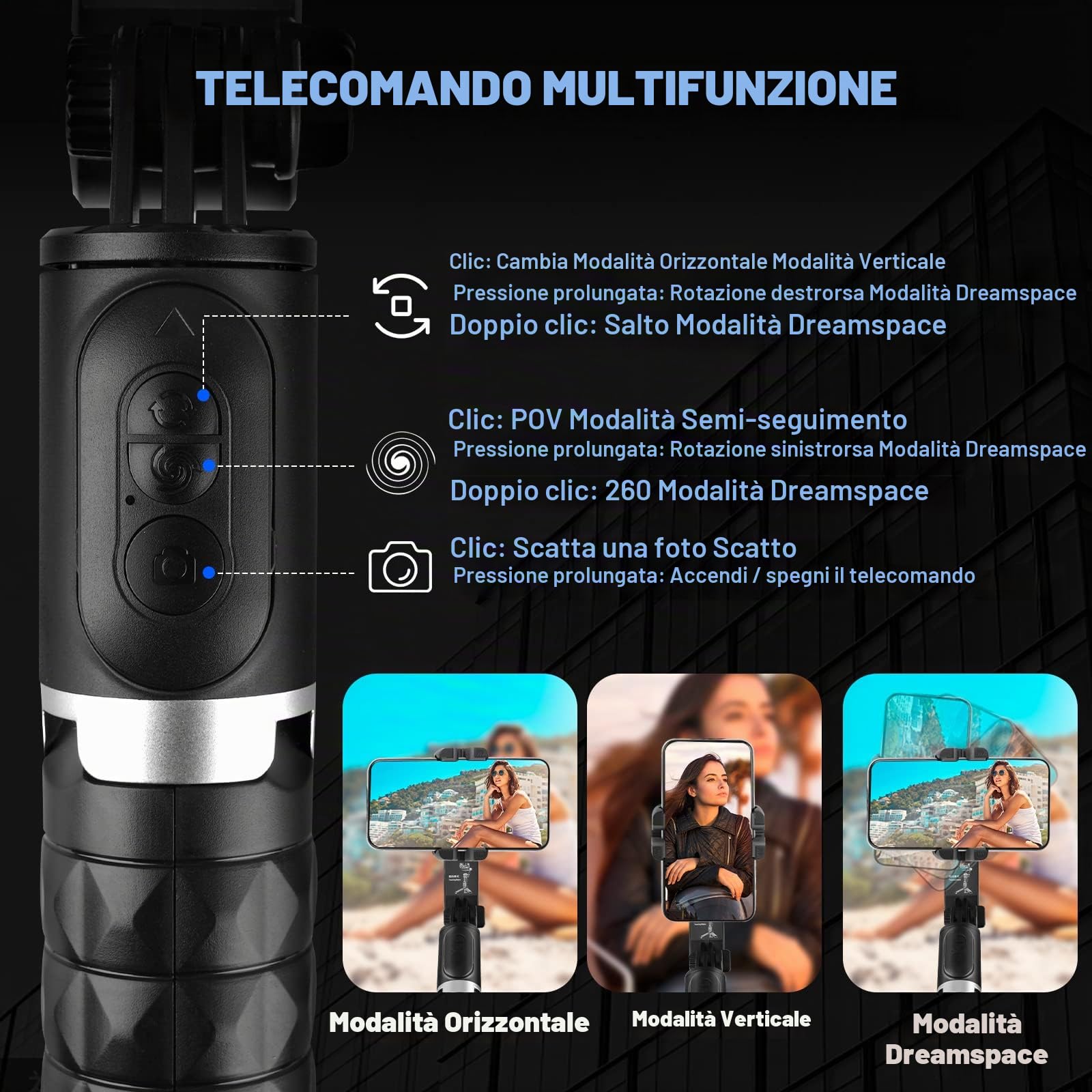 Gimbal Stabilizzatore Smartphone,Treppiede Selfie Stick Estensibile con Bilanciamento Automatico e Telecomando Wireless,Rotazione Automatica di 360° per IOS/Android (Nero)