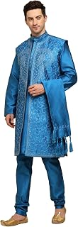 Men's 4-Piece Art Silk Kurta Pajama Set with Embroidered Jacket & Dupatta – Wedding & Festive Wear