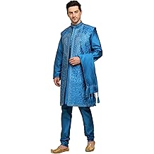 Men's 4-Piece Art Silk Kurta Pajama Set with Embroidered Jacket &amp; Dupatta &ndash; Wedding &amp; Festive Wear
