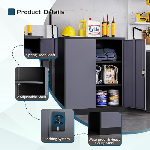 Miniatura 5 de MIIIKO Gabinete de almacenamiento con cerradura, pequeño gabinete de garaje de metal con puertas y estantes, 35.4 "armarios de armario de base de
