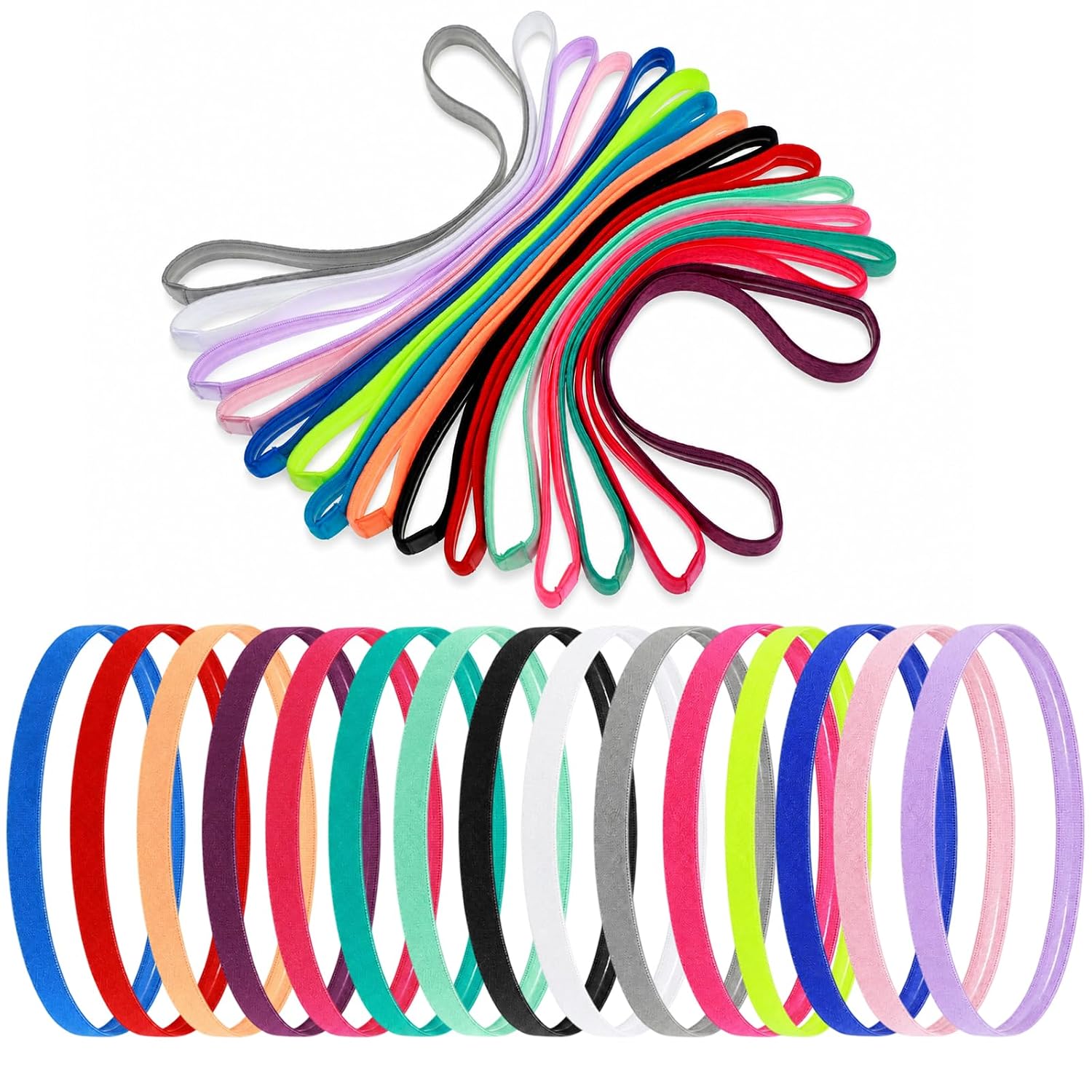 Thinp 15 Pcs Thin Elastic Headbands, Colorful Sports Headband for Women Men