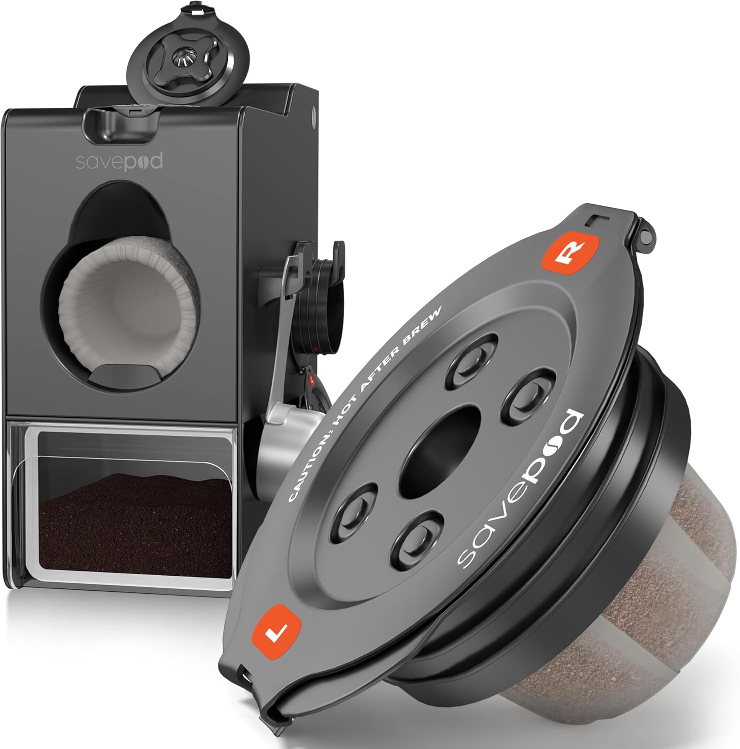 Savepod Coffee Pod Maker Bundle – Reusable Pod Maker Kit Includes Universal Ring, Stainless Steel Scoop, 50 Compostable Filters & Manual PodMaker for Keurig Coffee Maker, Daily Coffee Refill, Black