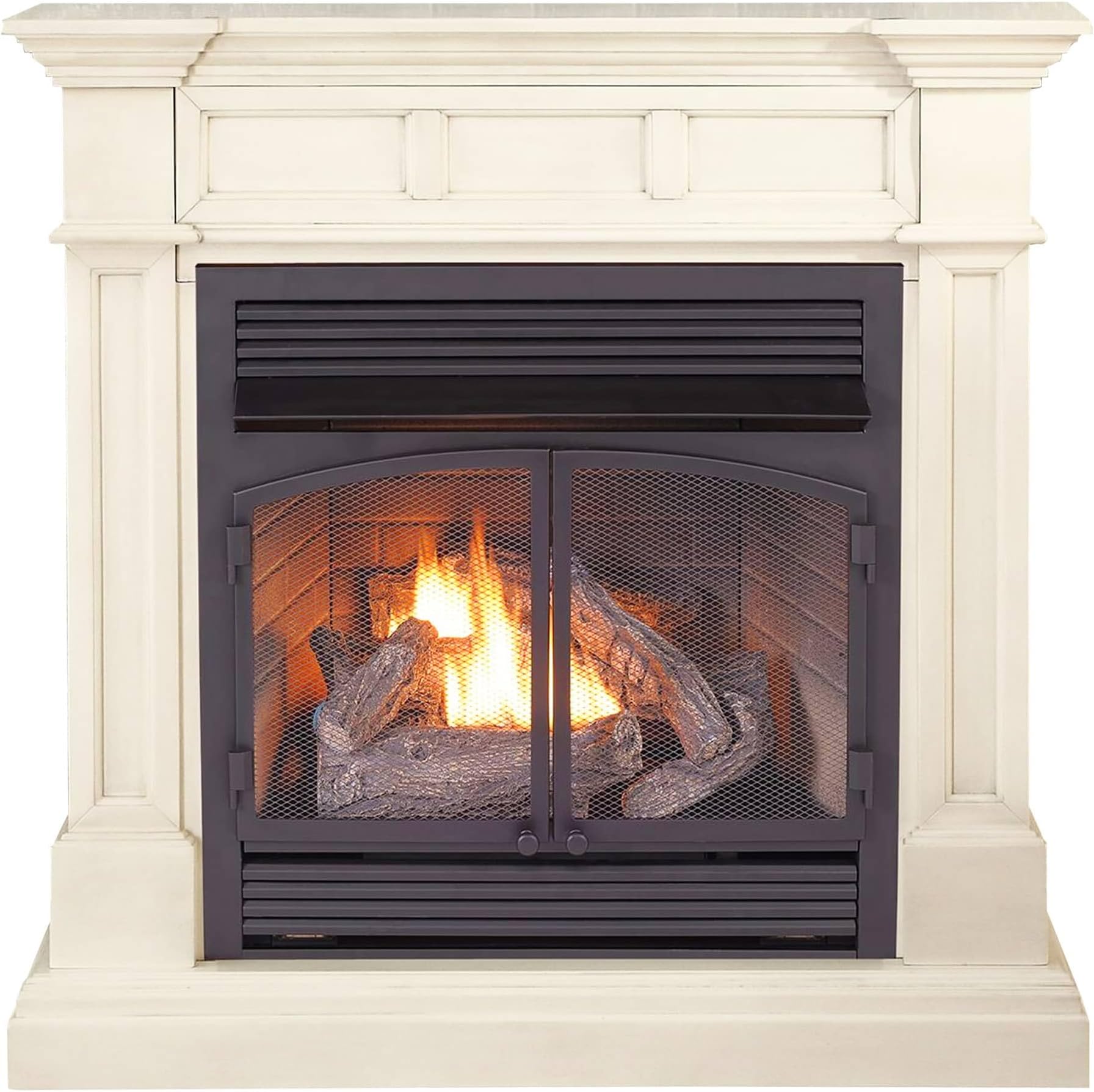 Duluth Forge Dual Fuel Ventless Gas Fireplace with Mantel - 32,000 BTU, T-Stat Control, Antique White Finish - Model# DFS-400T-2AW
