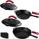 Cuisinel Cast Iron Skillets Set + Glass Lids - 8"+10"+12"-Inch Frying Pans + Silicone Handle Holder Covers - Pre-Seasoned Oven Cookware - Use Indoor/Outdoor, Grill, Stovetop, Camping Fire, Oven