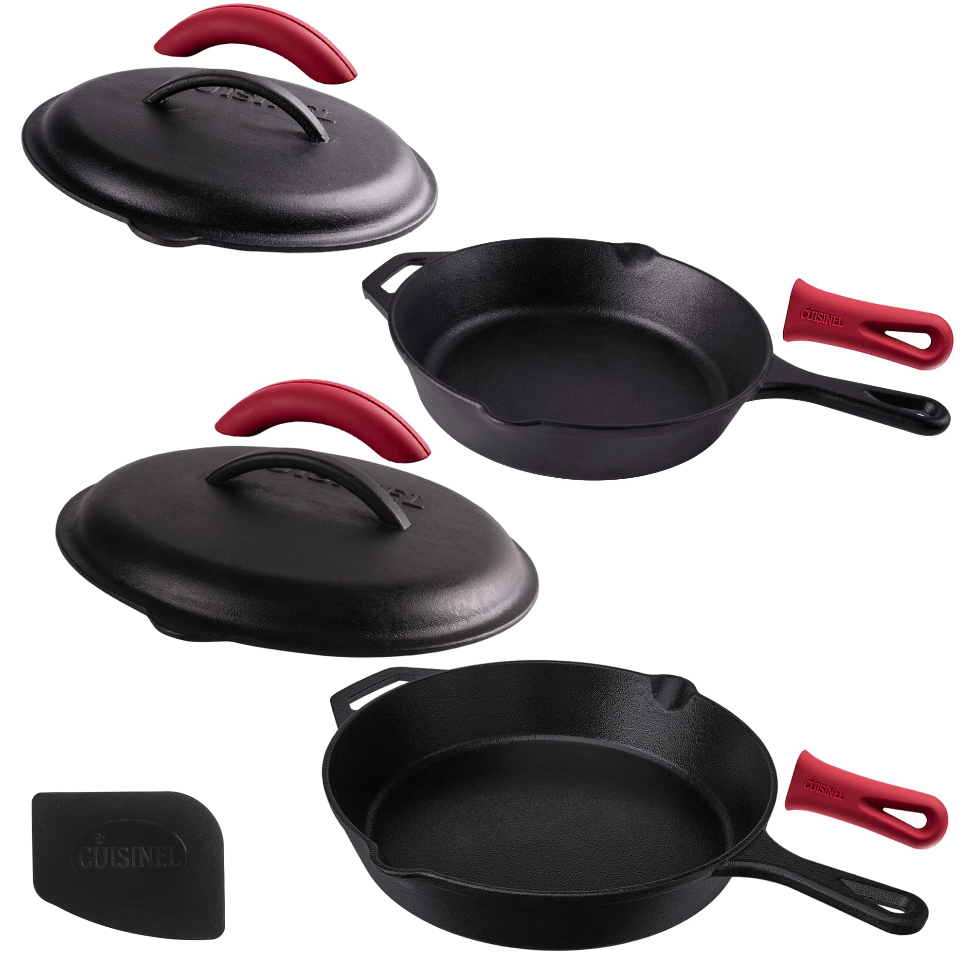 Cast Iron Skillet Set with Lids - 10"+12"-inch Pre-Seasoned Covered Frying Pan Set + Silicone Handle and Lid Holders + Scraper/Cleaner - Use Indoor/Outdoor, Oven, Stovetop, Fire, BBQ Kitchen Cookware