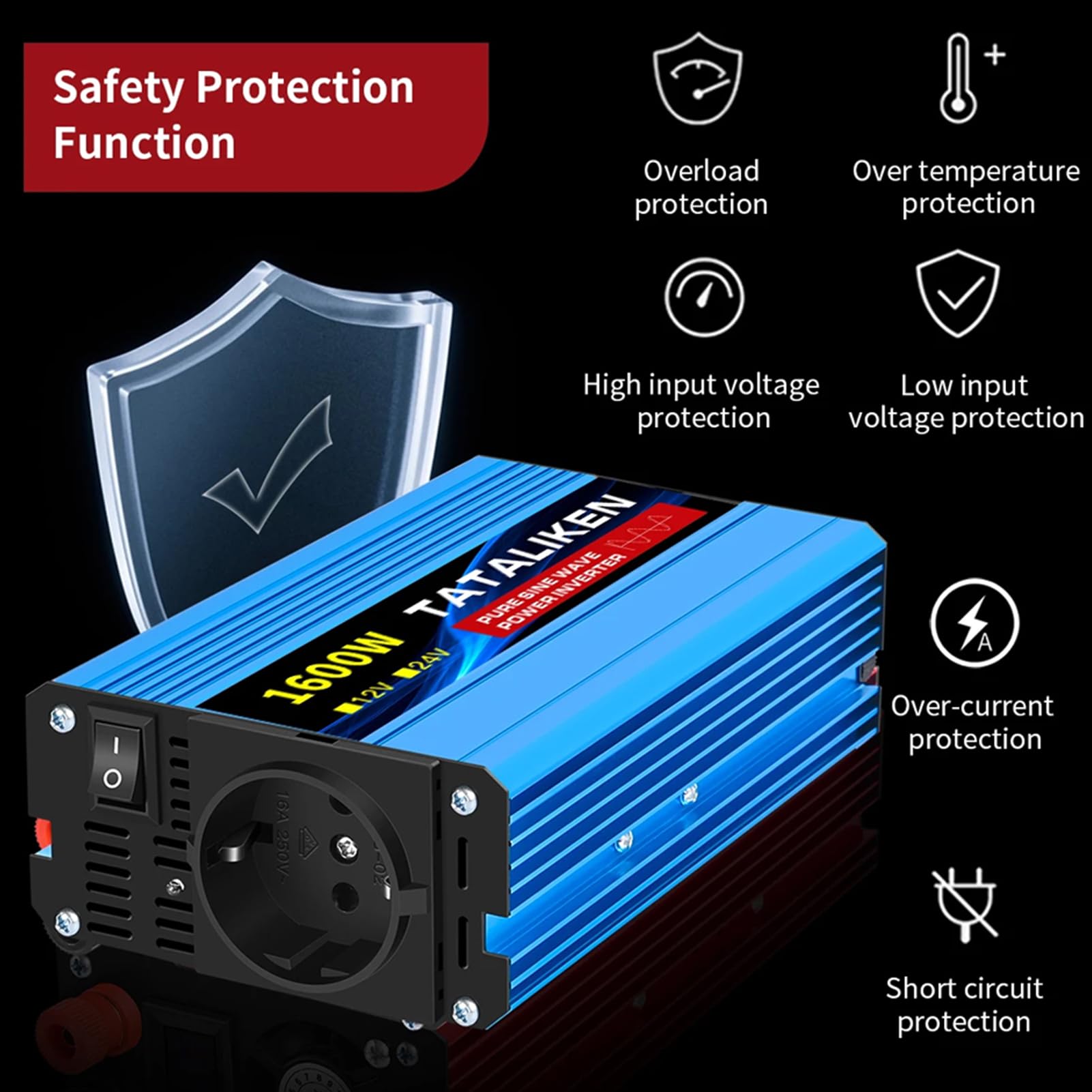 Generic 1600 W (potenza continua a 600 W) Inverter da CC 12 V a CA 220 V tensione 50 Hz Trasformatore solare ad onda sinusale pura con presa UE display a LED, 1600W-12V