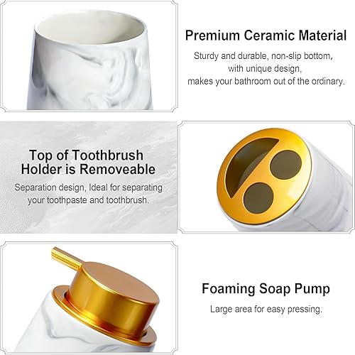 Miniatura 2 de Juego de accesorios de baño, 4 piezas, dispensador de jabón de baño, incluye dispensador de jabón espumoso de cerámica, jabonera, soporte para