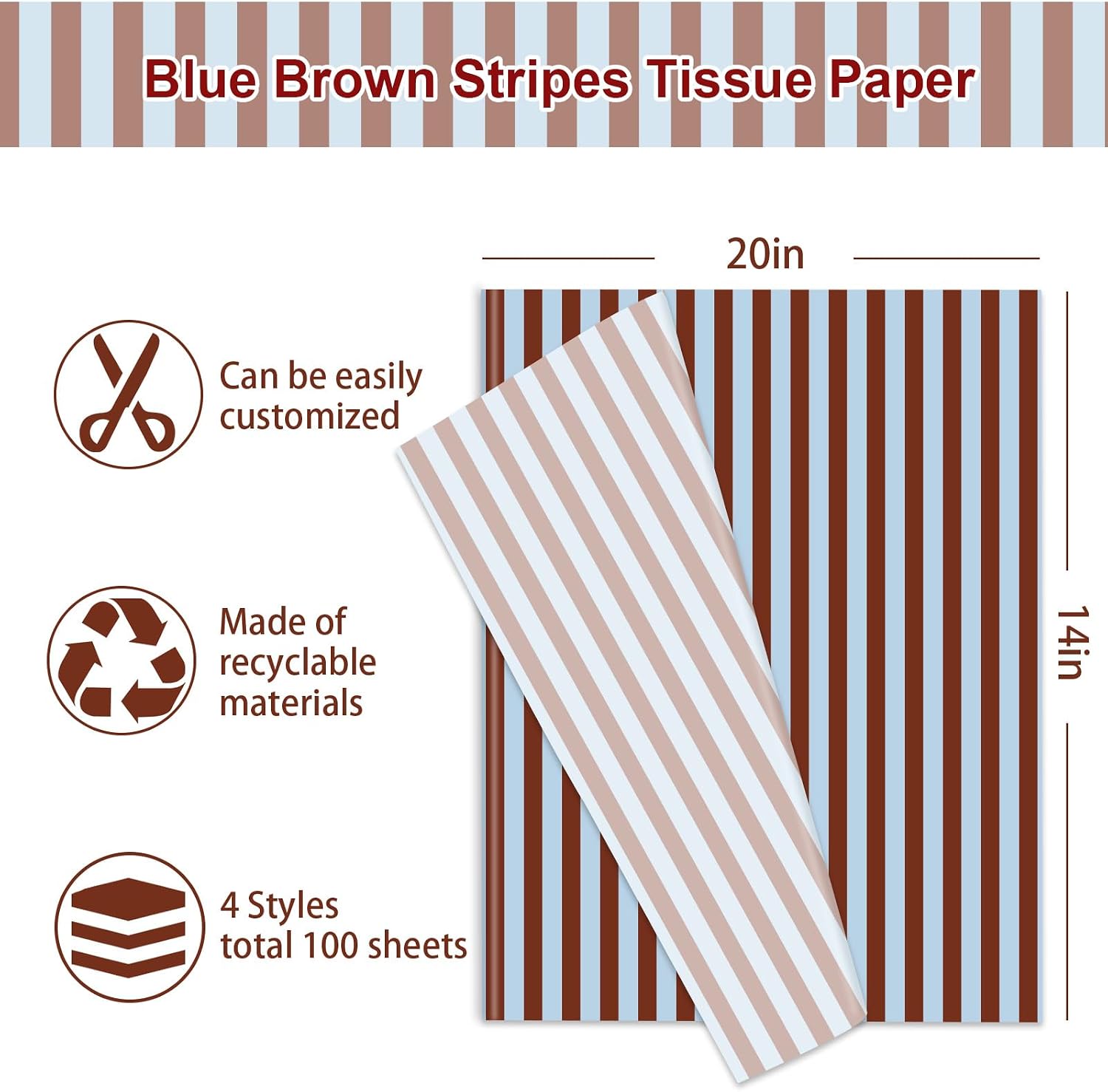 JarThenaAMCS 100 Sheets Stripe Tissue Paper Brown and Light Blue Striped Gift Wrapping Paper Decorative Art Tissue for DIY Crafts Birthday Baby Shower Gender Reveal Party, 14 x 20 Inch