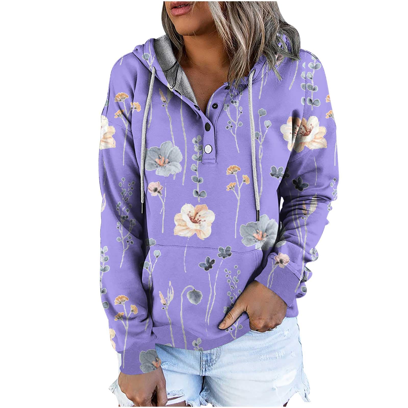Hoodies for Women Button Stylish Collar Drawstring Sweatshirt Pullover 2023 Trendy Floral Printed Tops with Pockets