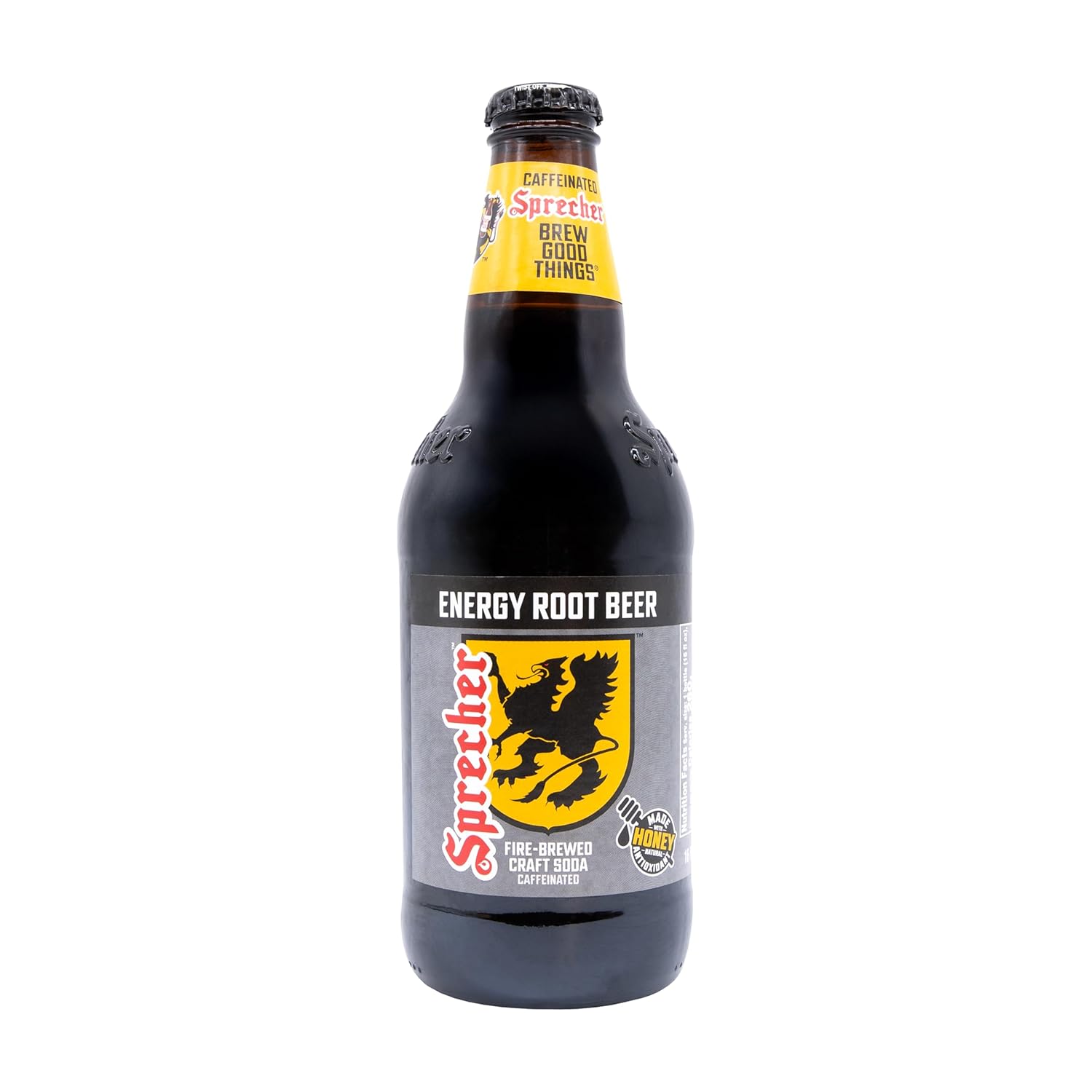 Sprecher Energy Root Beer in 16 fl oz Glass Bottles (12 Pack), Caffeinated Fire Brewed Craft Soda with Real Honey, Naturally Flavored Root Beer Energy Drink